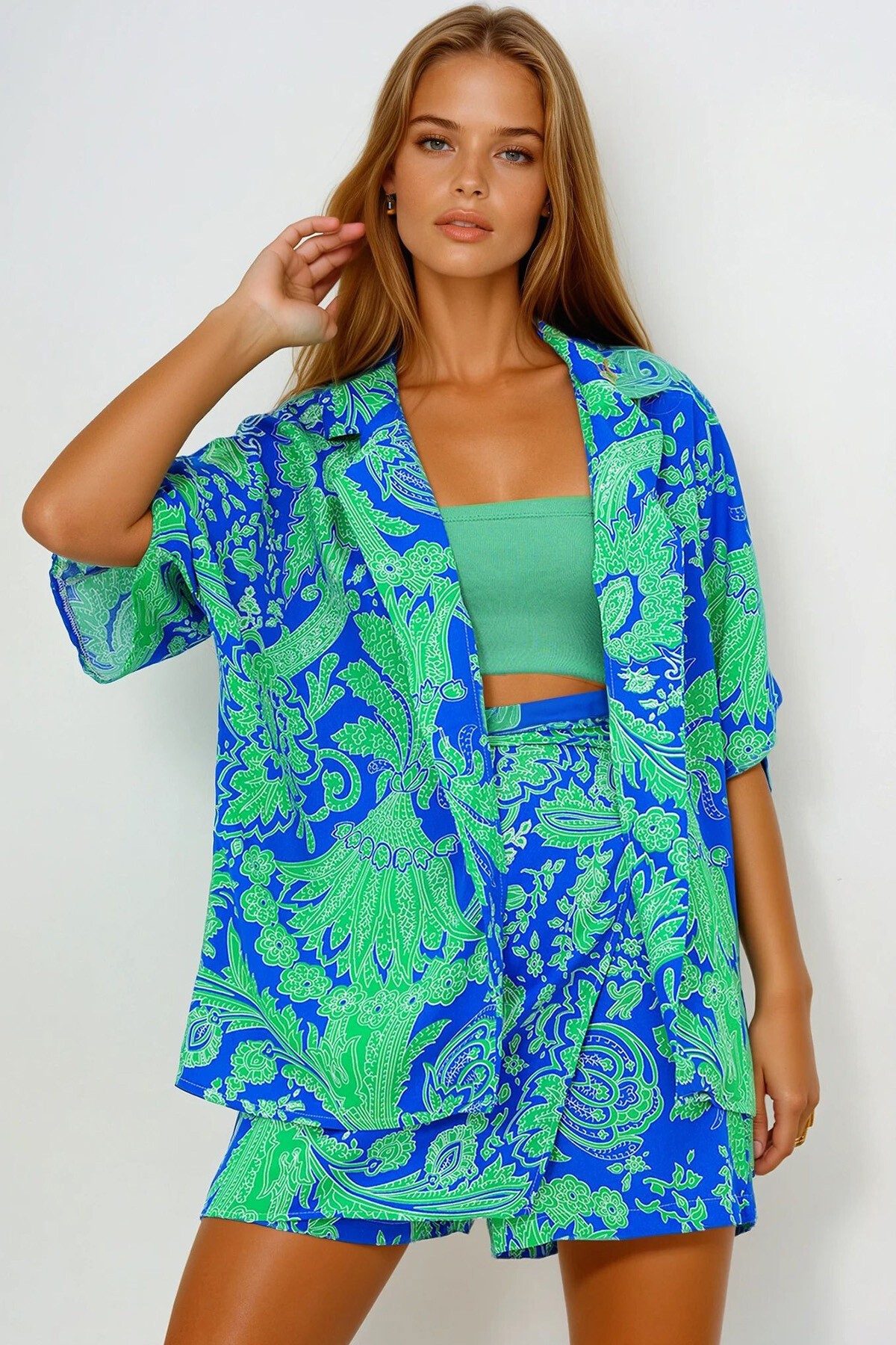 Saks Ceket Yaka Oversize Poplin Gömlek Ve Bağlamalı Şort Etek Takım