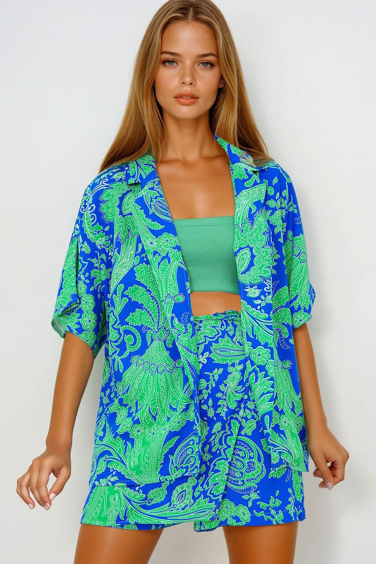 Saks Ceket Yaka Oversize Poplin Gömlek Ve Bağlamalı Şort Etek Takım