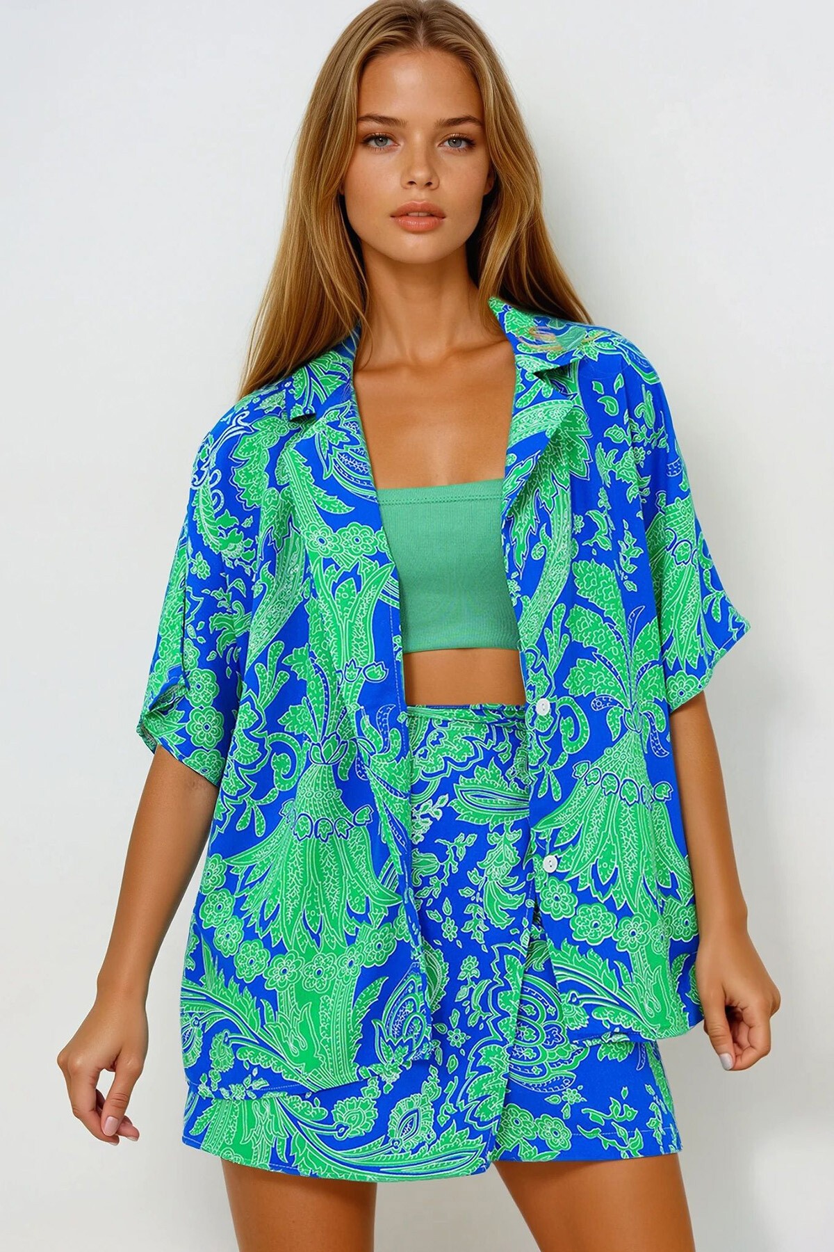 Saks Ceket Yaka Oversize Poplin Gömlek Ve Bağlamalı Şort Etek Takım