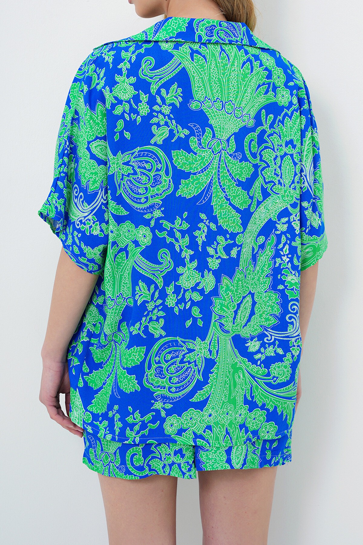 Saks Ceket Yaka Oversize Poplin Gömlek Ve Bağlamalı Şort Etek Takım