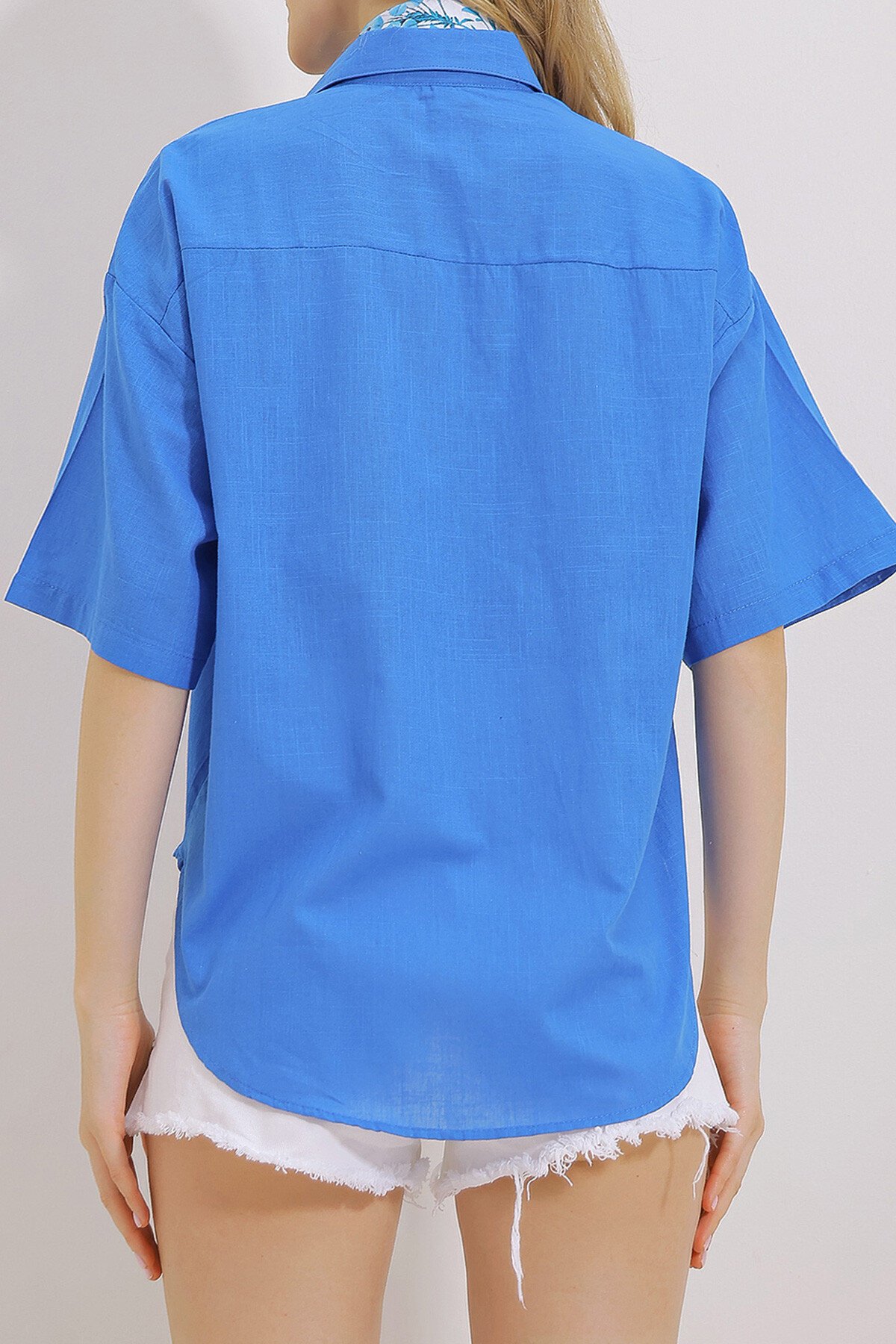 Saks Çift Cepli Yarım Kol Keten Gömlek