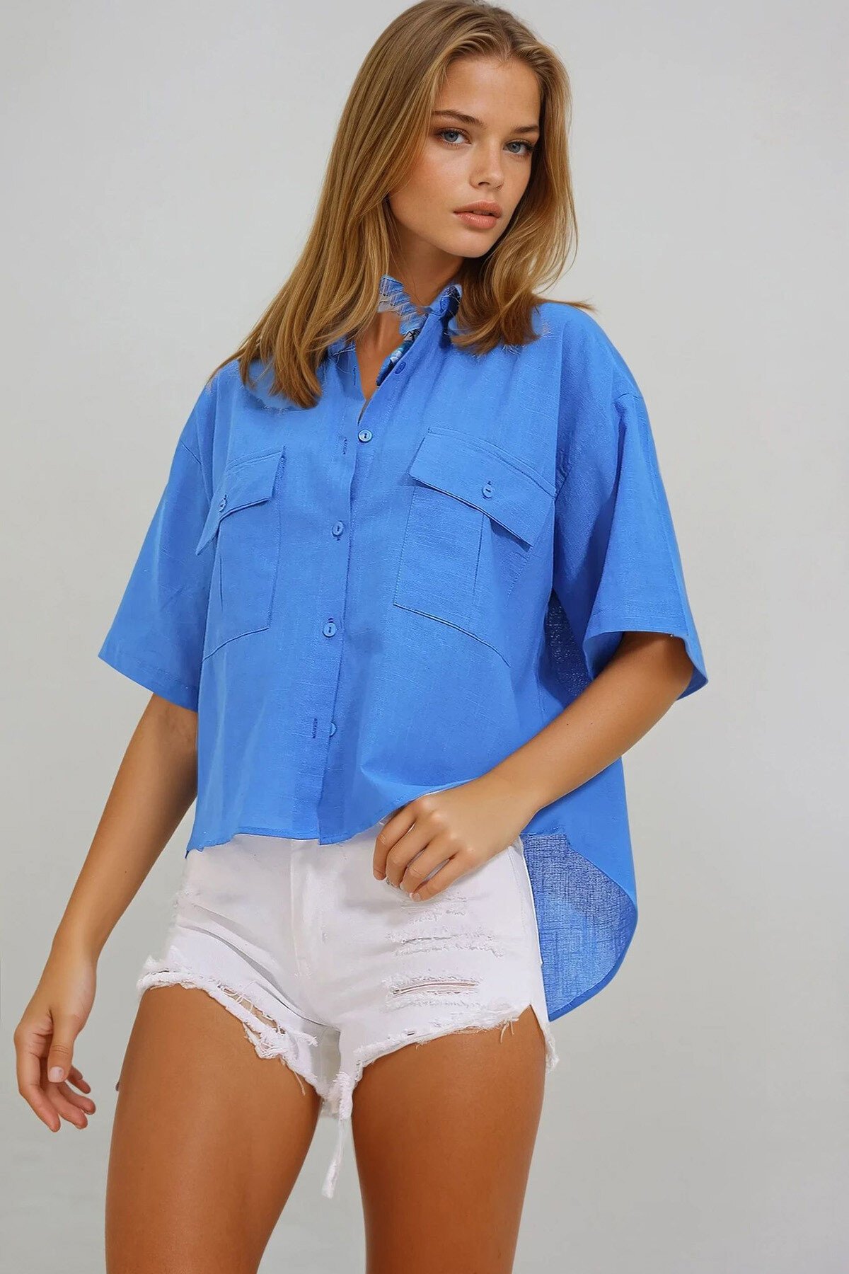 Saks Çift Cepli Yarım Kol Keten Gömlek