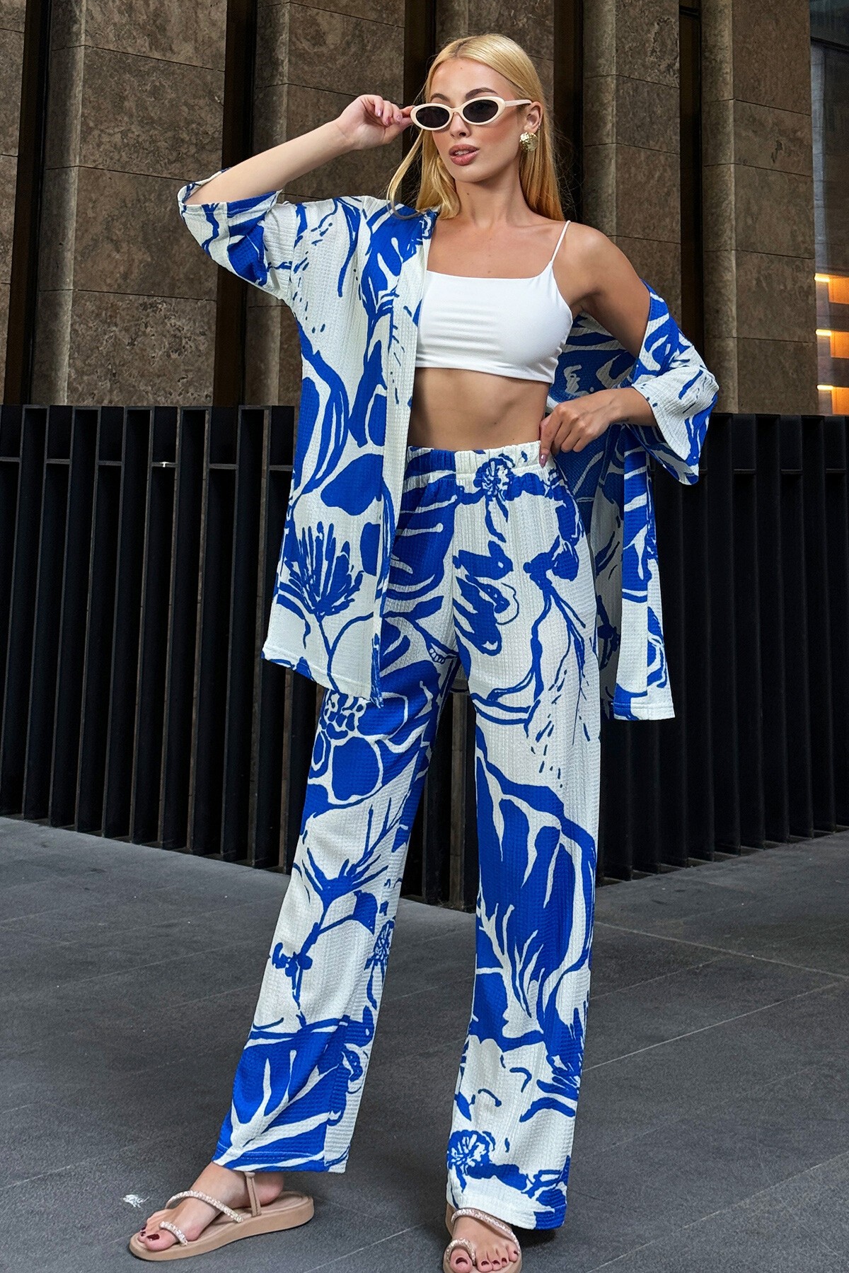 Saks Desenli Kimono Takım