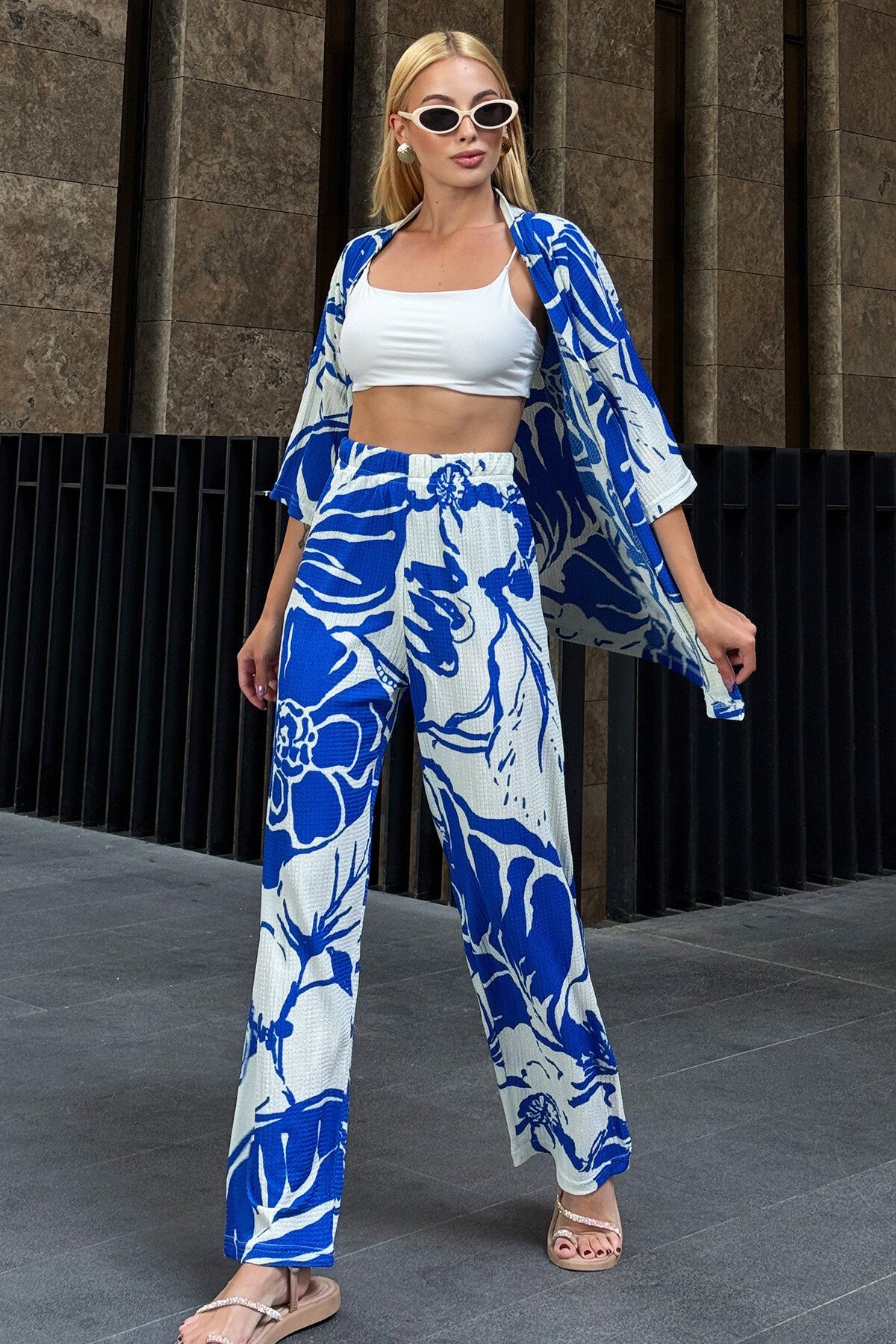 Saks Desenli Kimono Takım