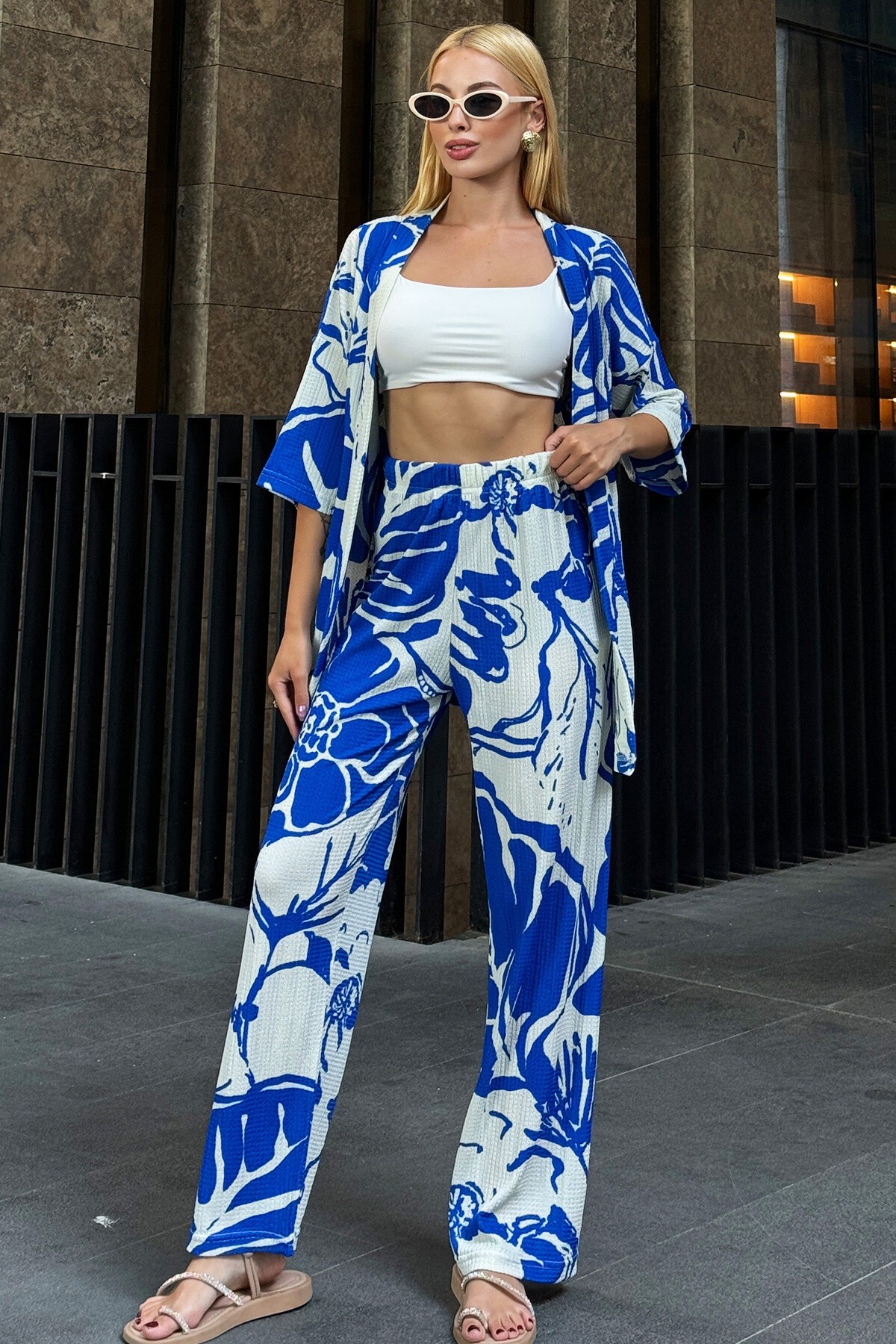 Saks Desenli Kimono Takım