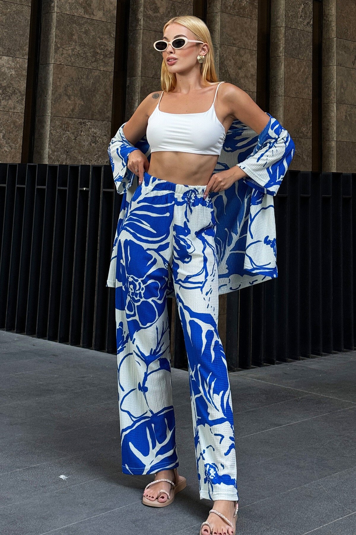 Saks Desenli Kimono Takım