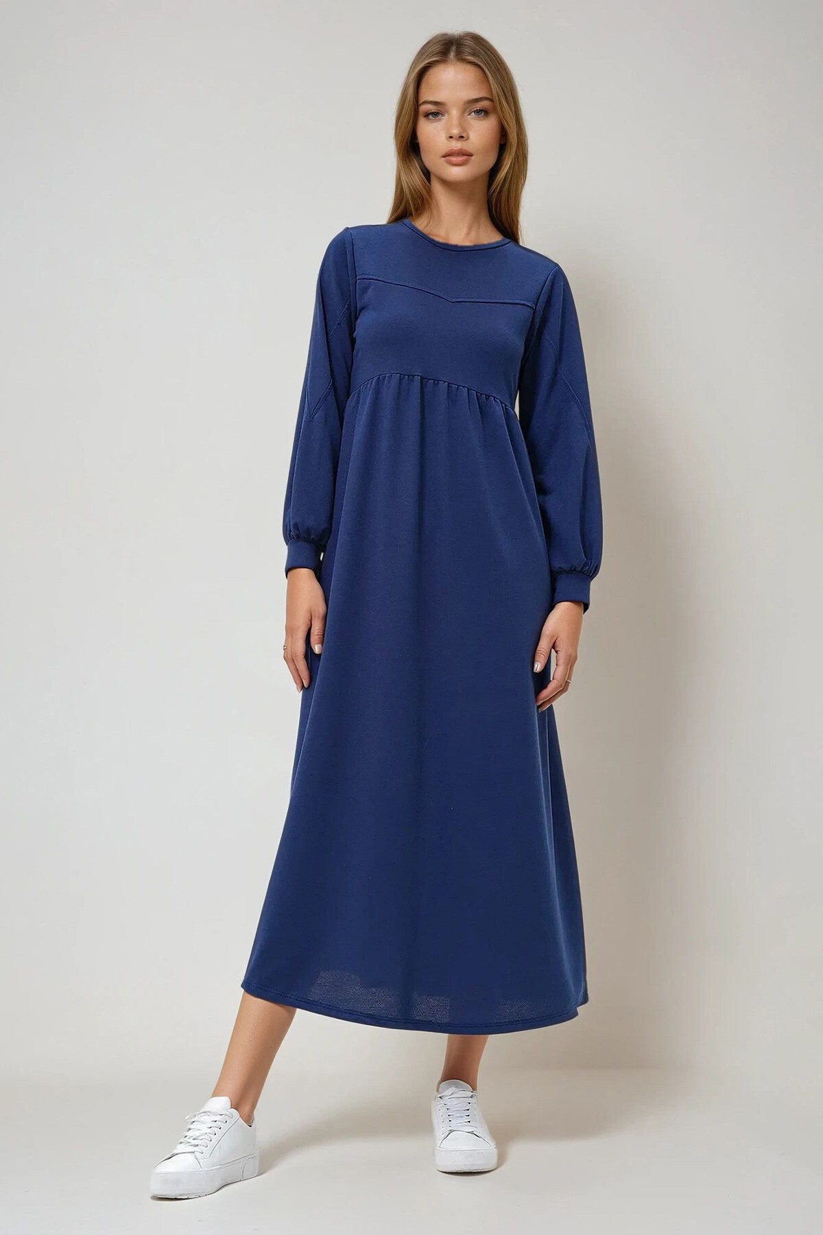 Saks Mavi Bisiklet Yaka Robalı İki İplik Mevsimlik Örme Kumaş Uzun Elbise