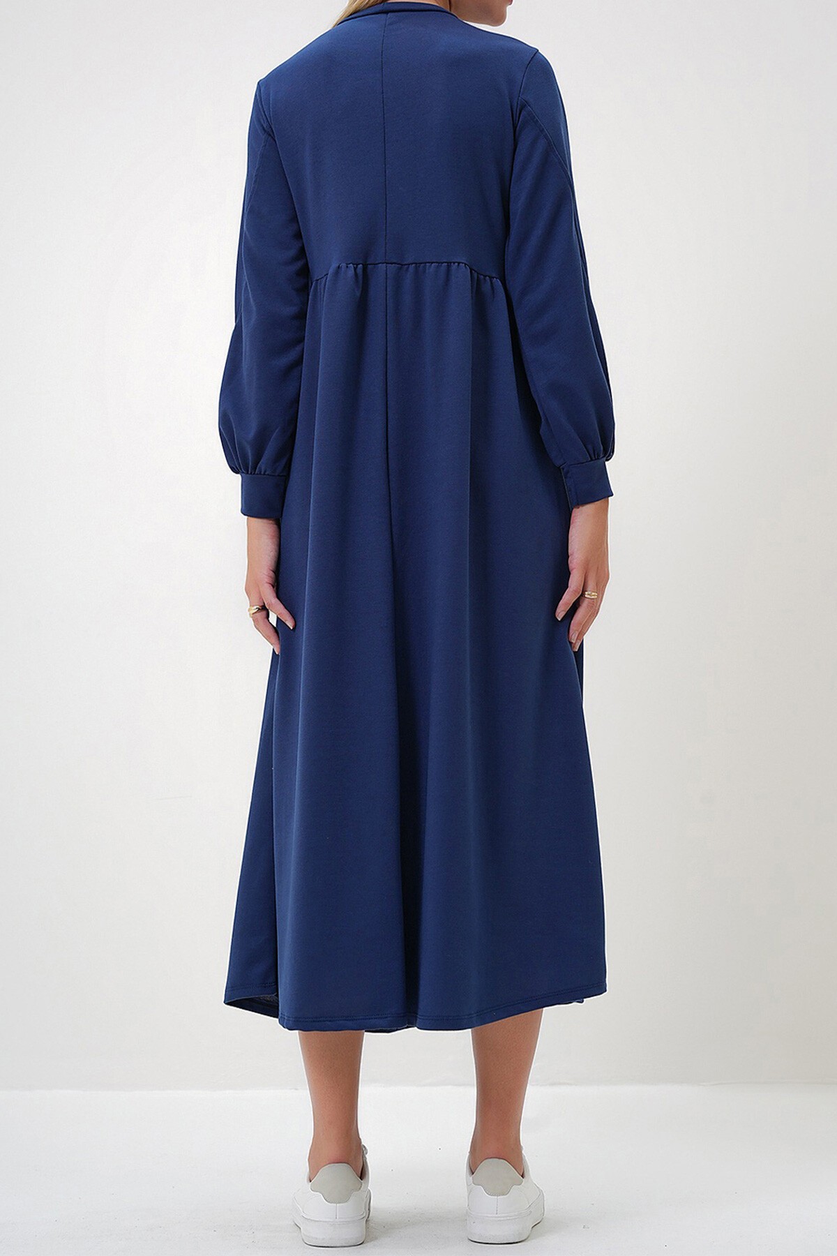 Saks Mavi Bisiklet Yaka Robalı İki İplik Mevsimlik Örme Kumaş Uzun Elbise