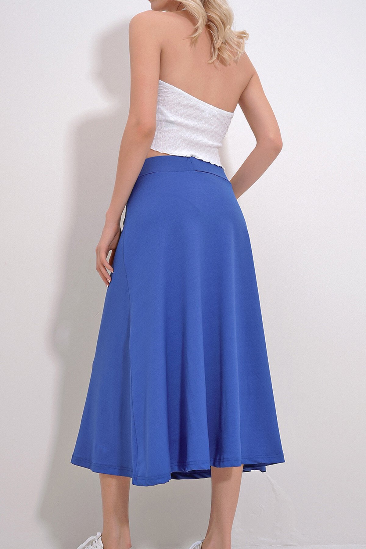 Saks Yüksek Bel Beli Lastikli A Form Midi Boy Etek