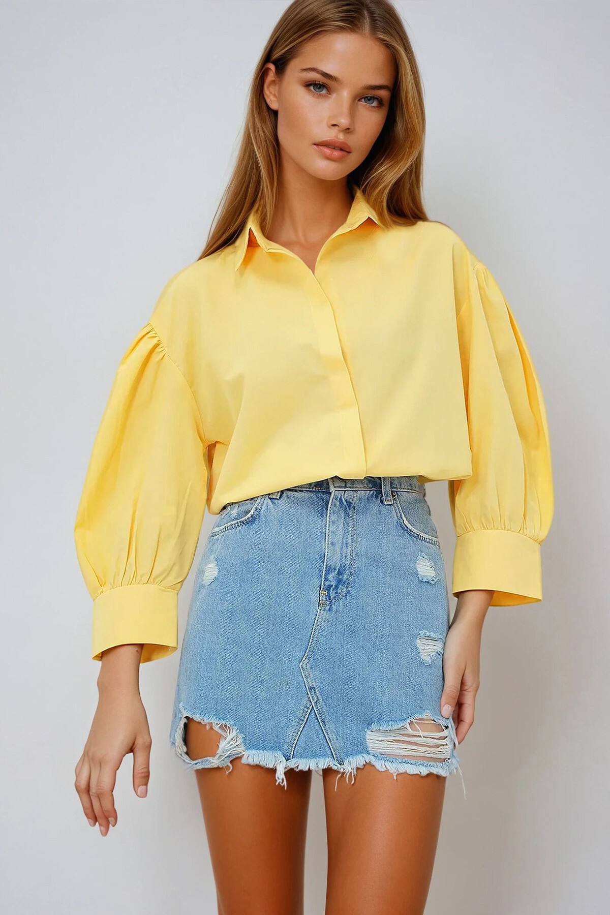 Sarı Balon Kol Gizli Patlı Basic Poplin Gömlek