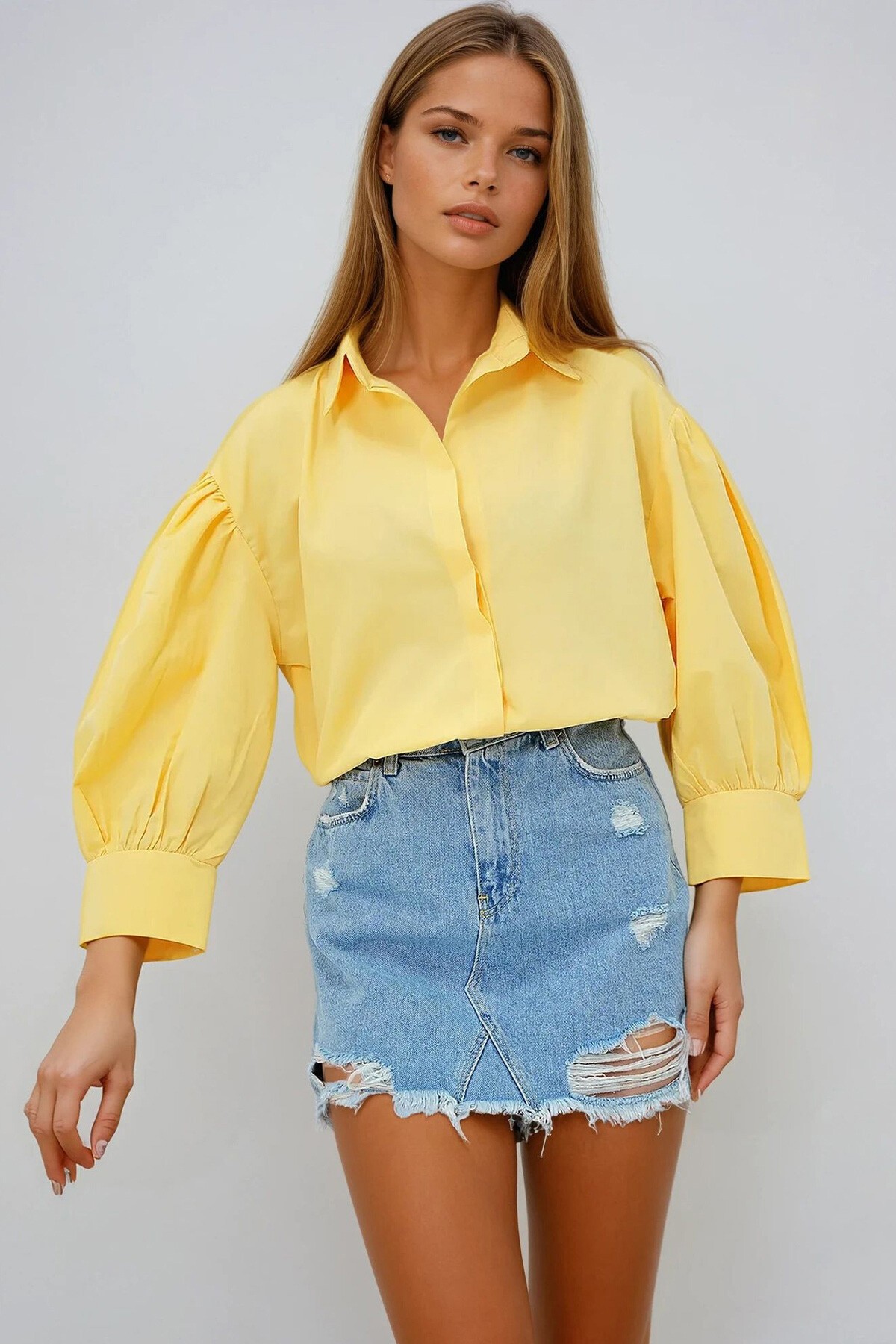 Sarı Balon Kol Gizli Patlı Basic Poplin Gömlek