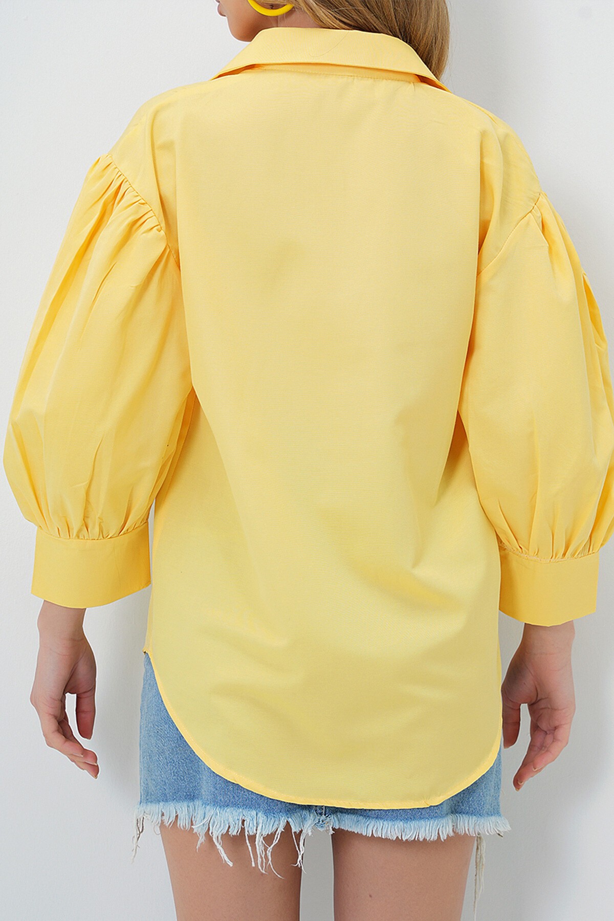 Sarı Balon Kol Gizli Patlı Basic Poplin Gömlek