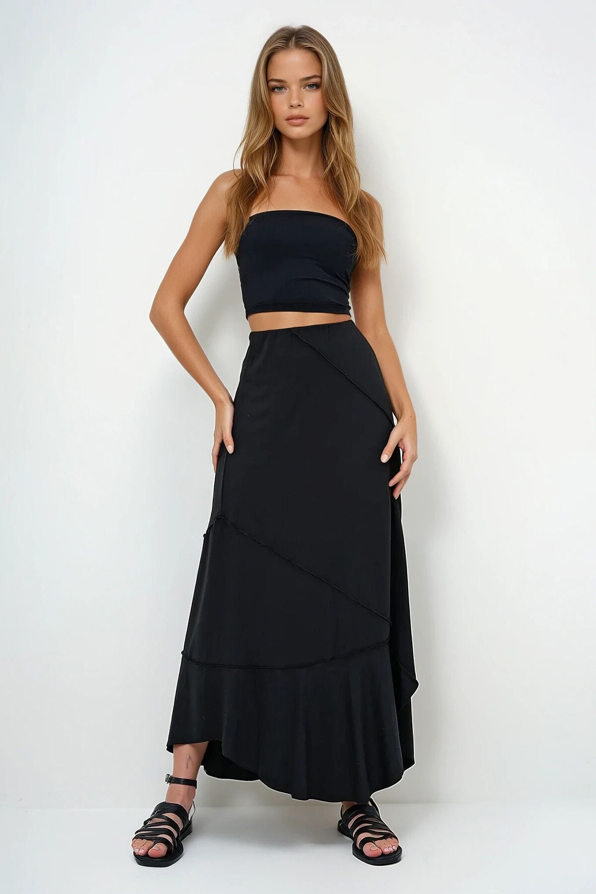 Siyah Asimetrik Kesim Dikiş Detaylı Astarlı  Buzzy Etek