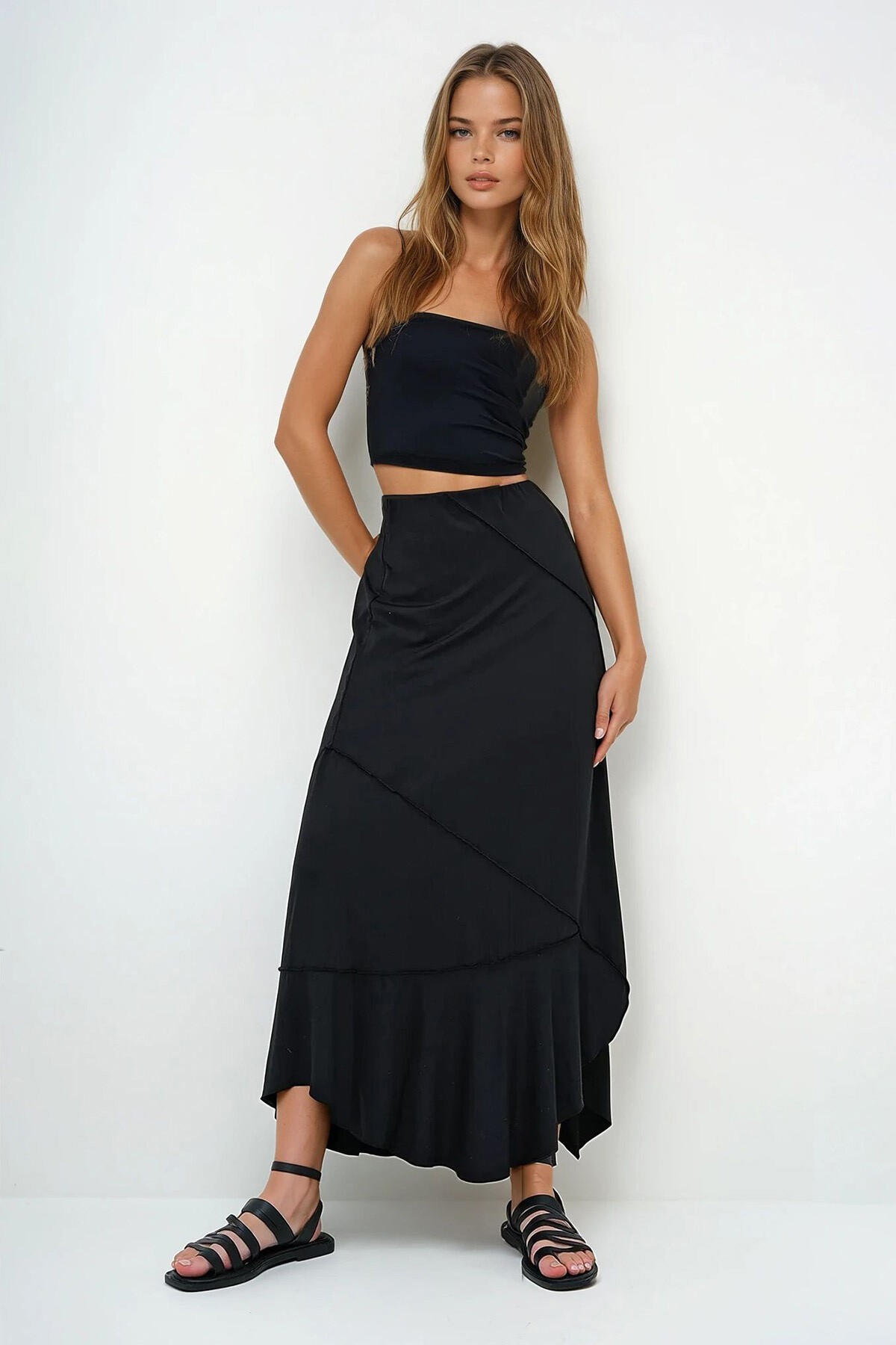 Siyah Asimetrik Kesim Dikiş Detaylı Astarlı  Buzzy Etek