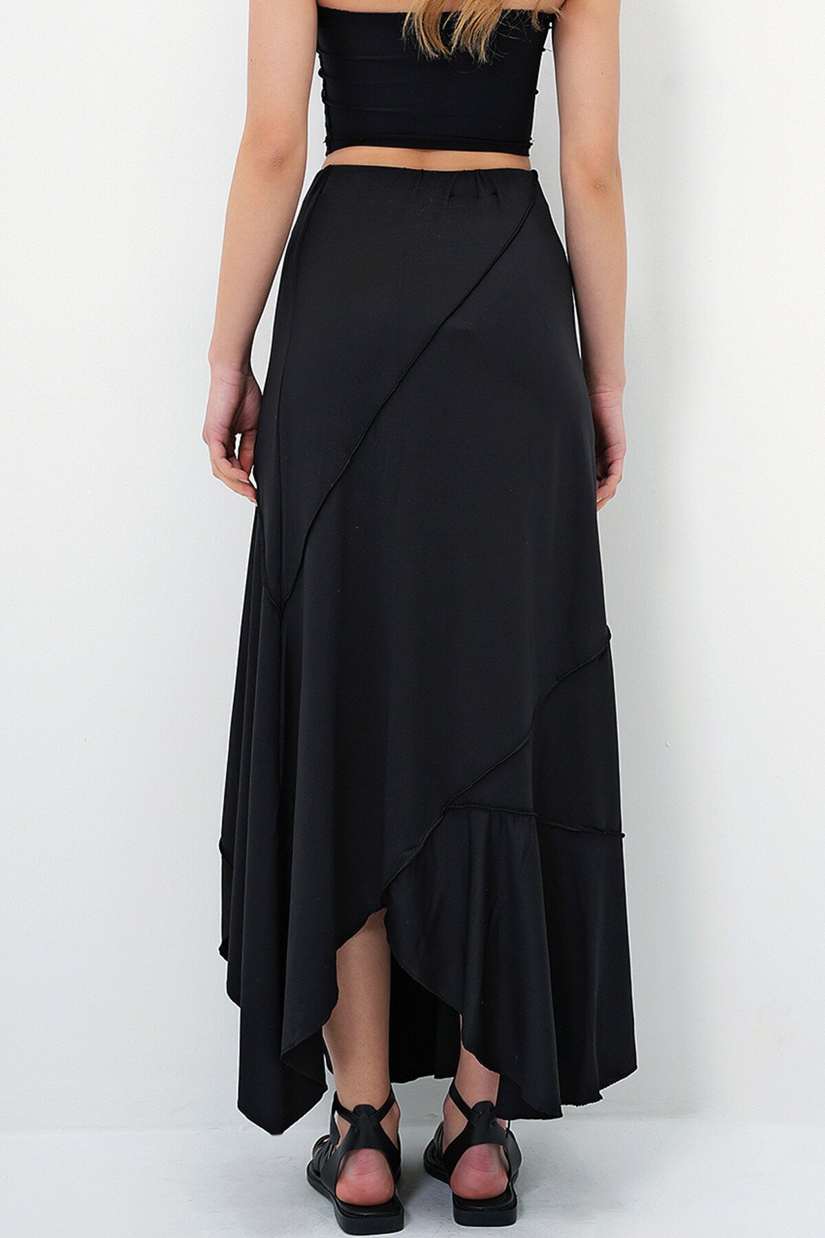 Siyah Asimetrik Kesim Dikiş Detaylı Astarlı  Buzzy Etek