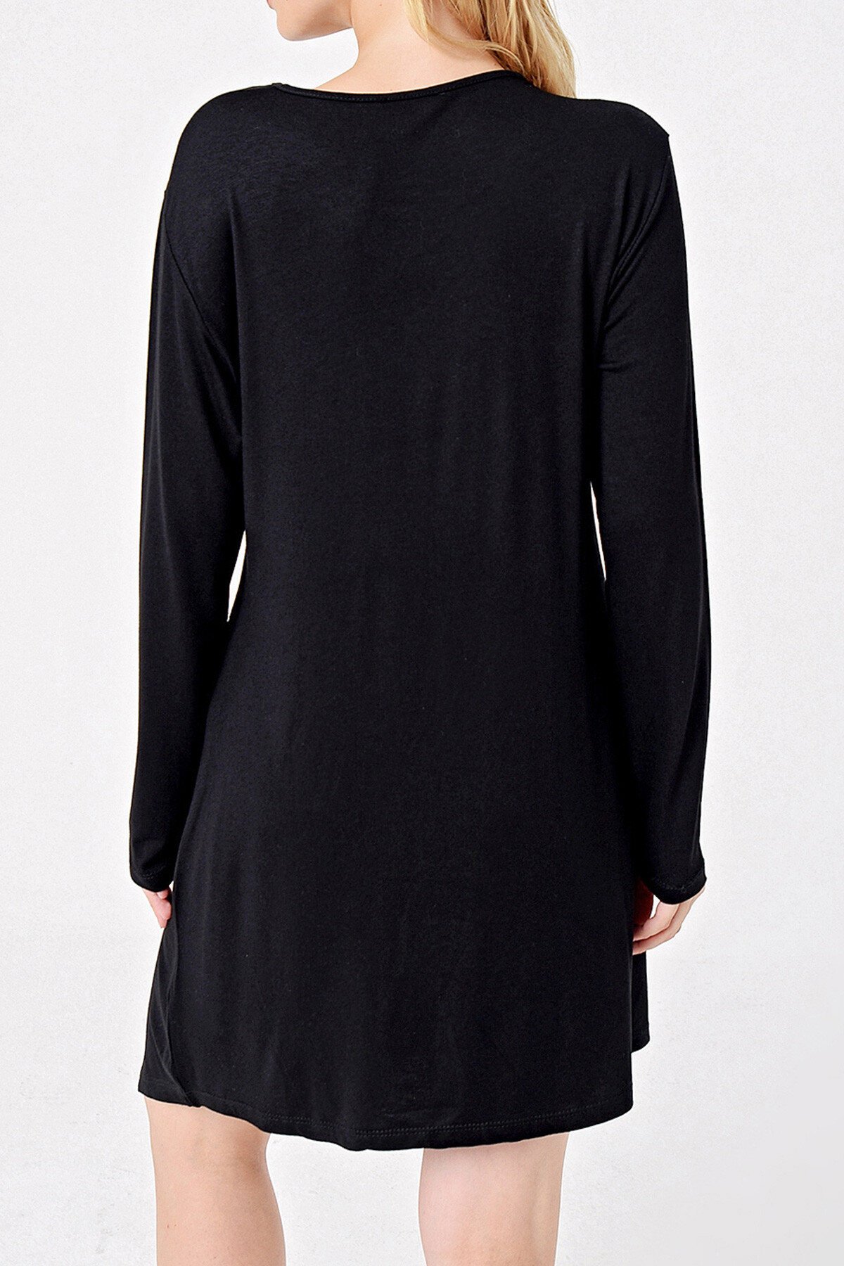 Siyah Asimetrik Kesim Düğme Detaylı Viscon Elbise