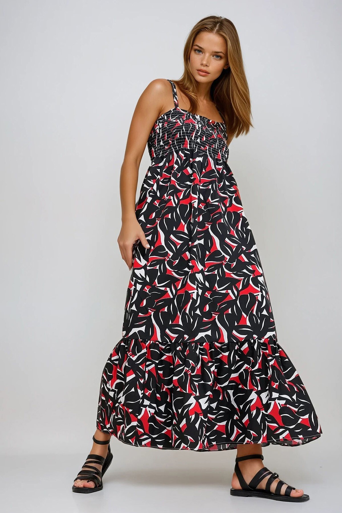 Siyah Askılı Eteği Volanlı Çiçek Desenli Gipeli Dokuma Elbise