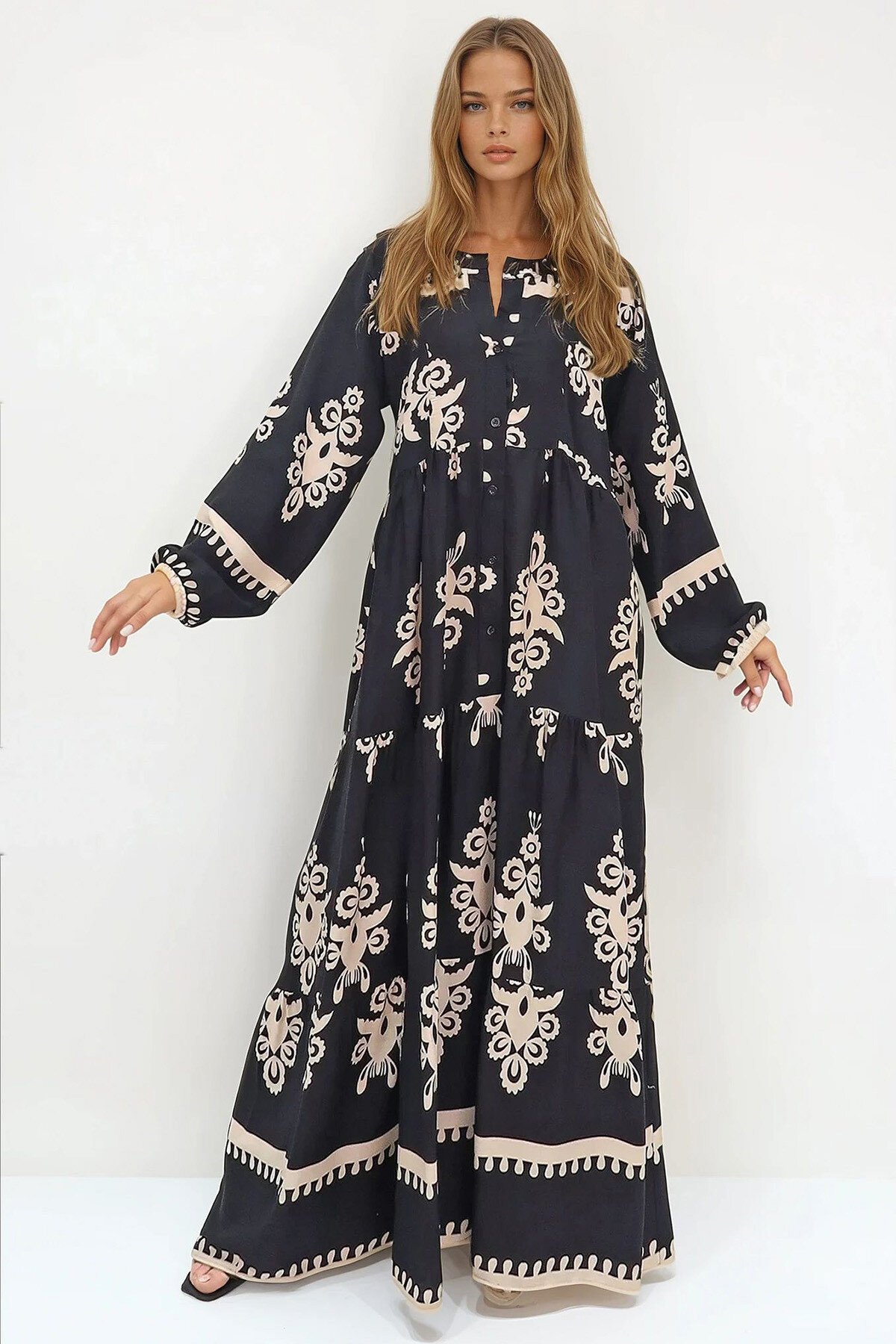 Siyah Bej Hakim Yaka Şal Desenli Maxi Boy Elbise