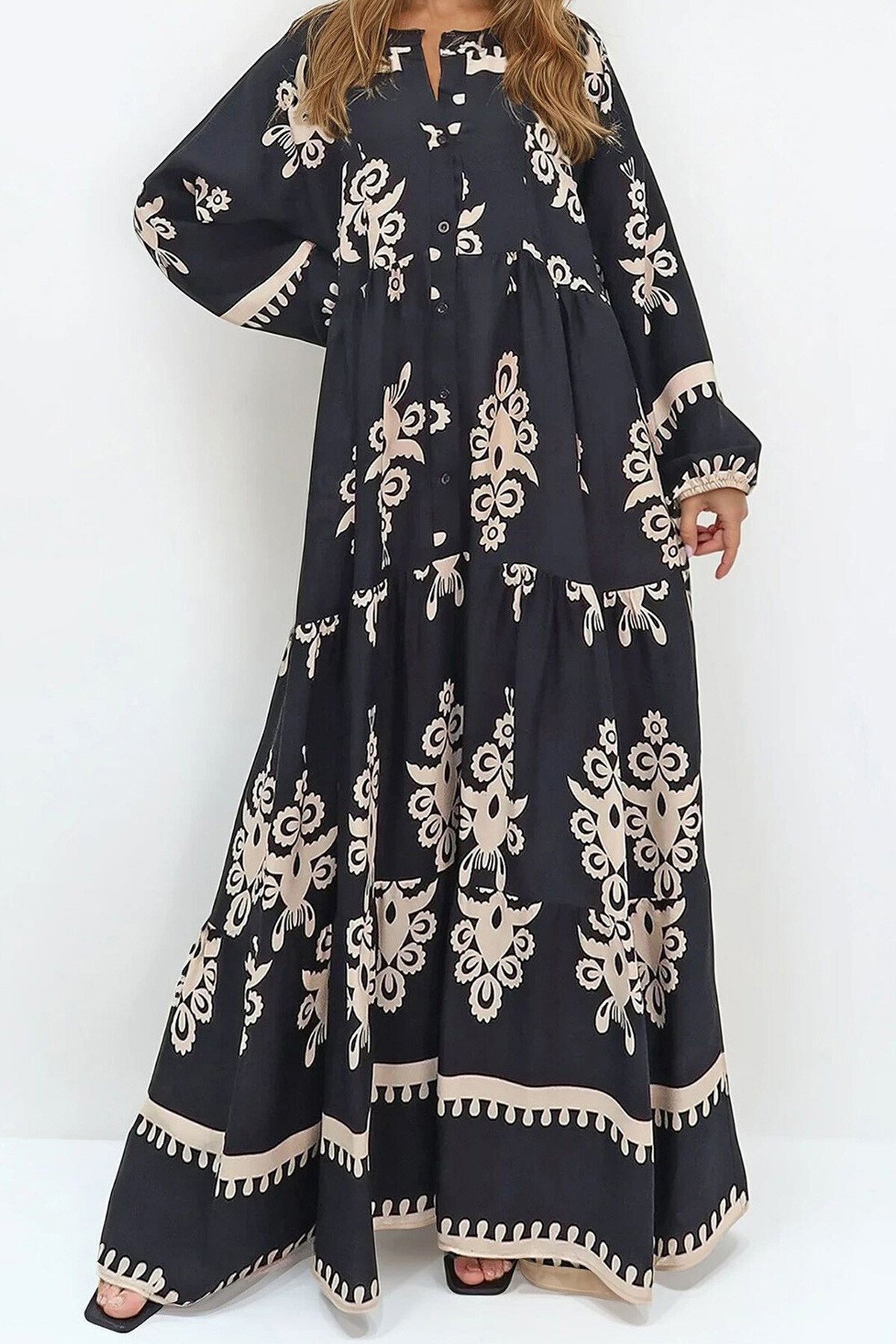 Siyah Bej Hakim Yaka Şal Desenli Maxi Boy Elbise