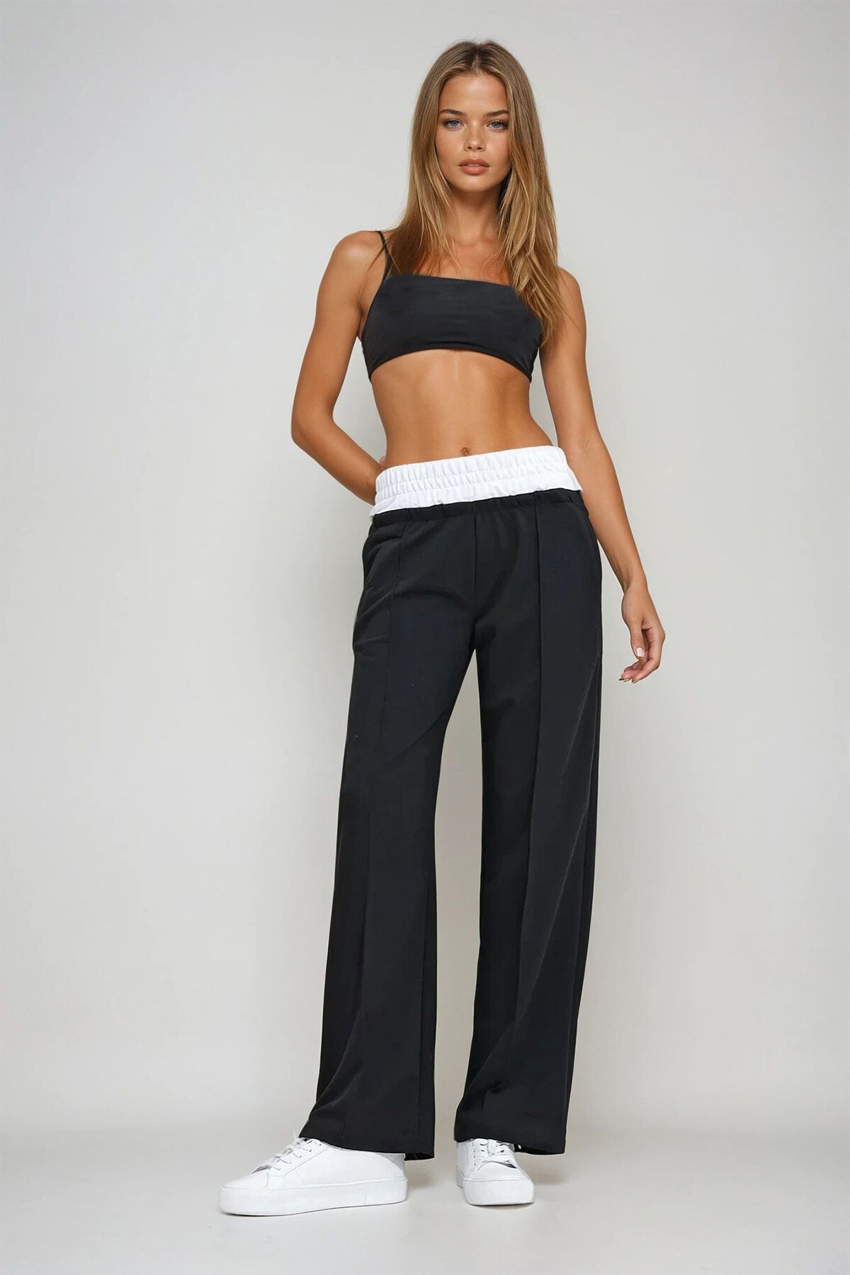 Siyah Beli Çift Kemerli Önü Çimalı Salaş Eşofman Pantolon