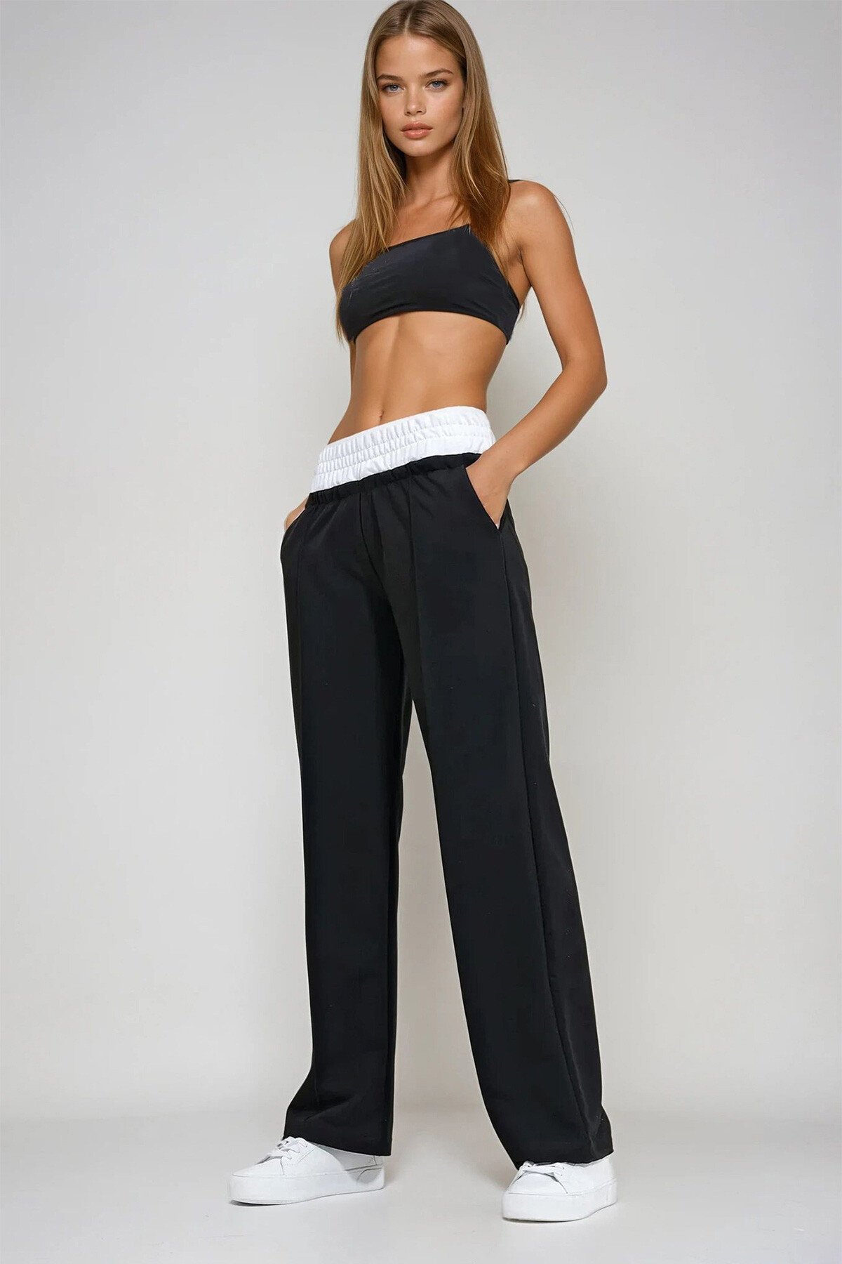 Siyah Beli Çift Kemerli Önü Çimalı Salaş Eşofman Pantolon