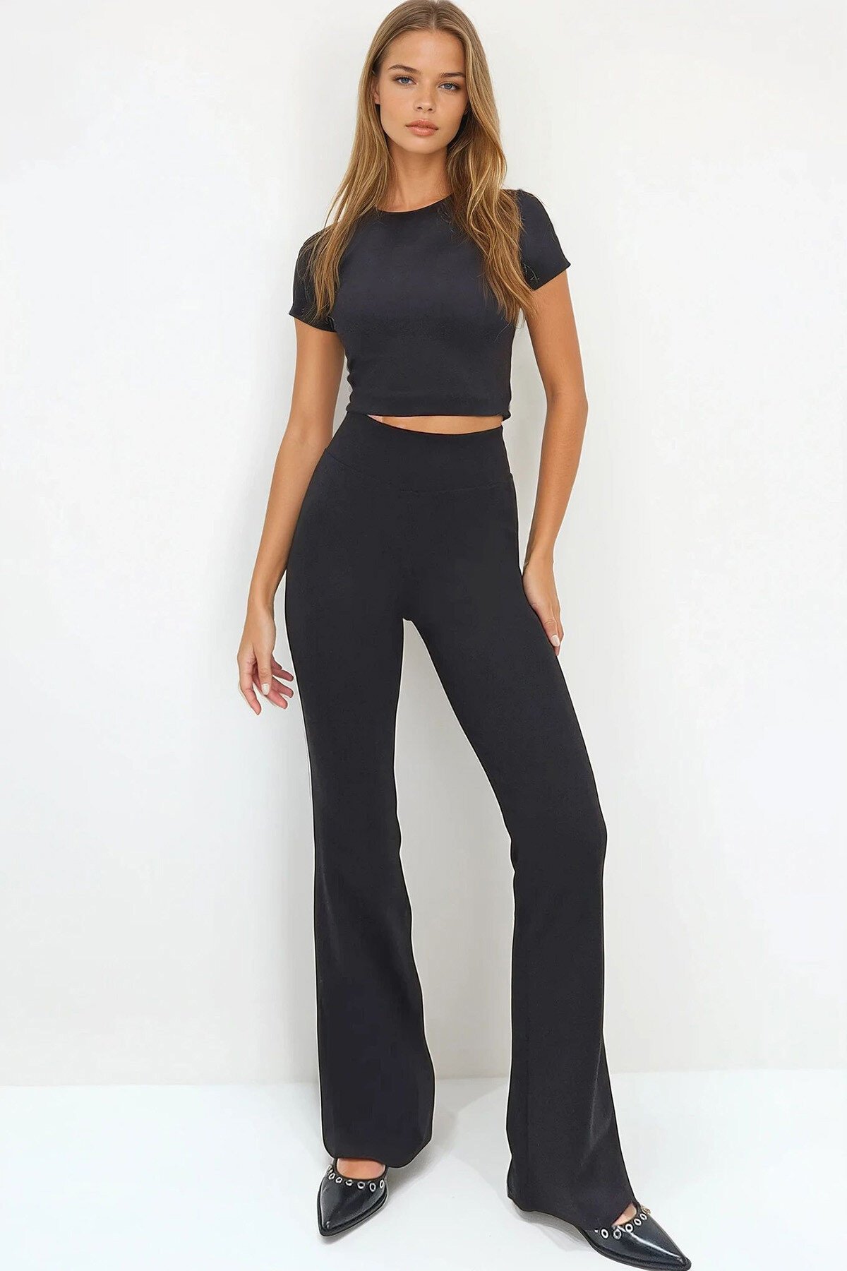 Siyah Beli Fitilli İspanyol Paça Pantolon