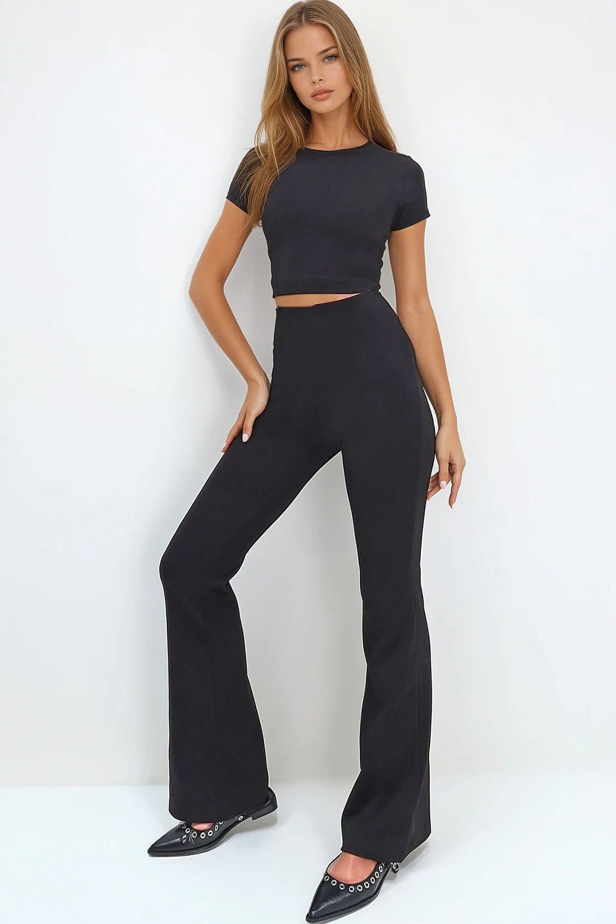 Siyah Beli Fitilli İspanyol Paça Pantolon