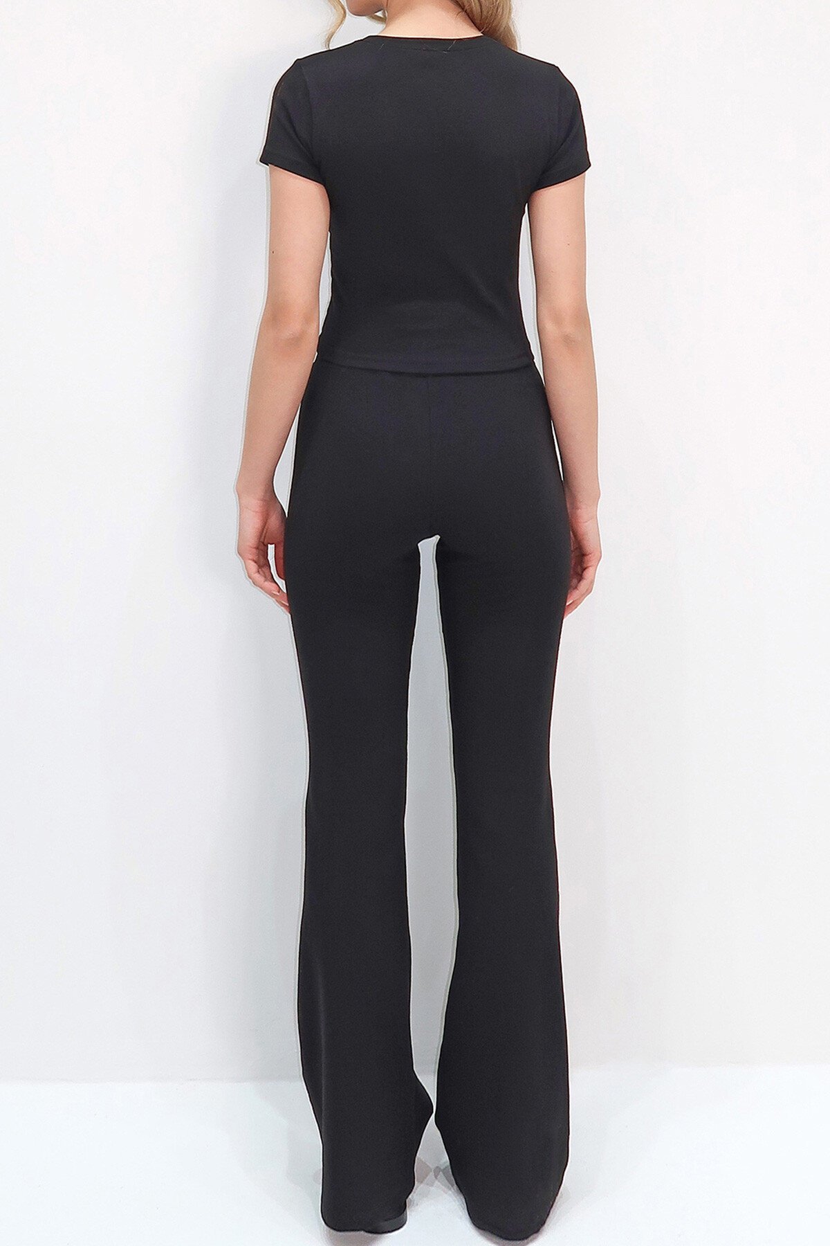 Siyah Beli Fitilli İspanyol Paça Pantolon