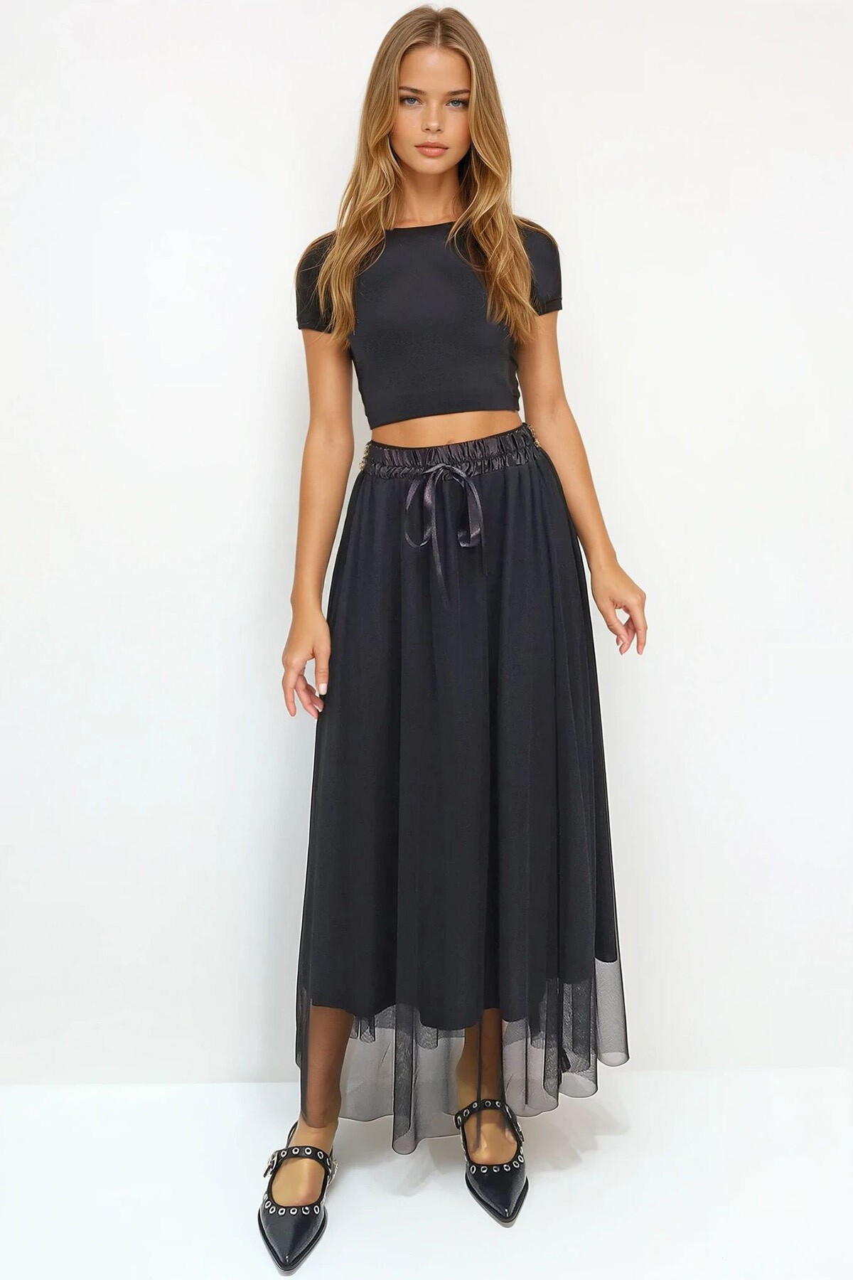 Siyah Beli Lastikli Kurdale Detaylı Astarlı Tül Etek