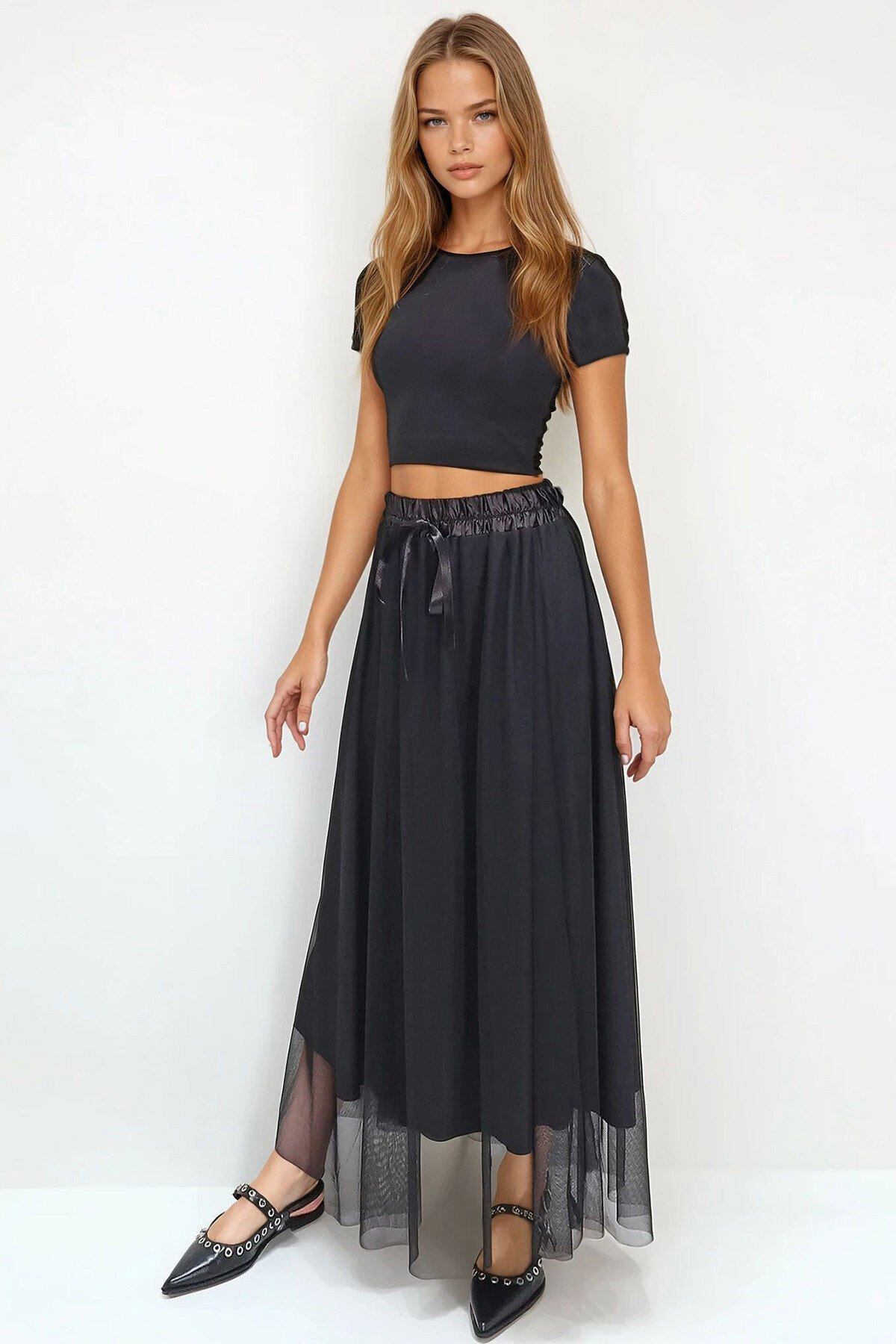 Siyah Beli Lastikli Kurdale Detaylı Astarlı Tül Etek