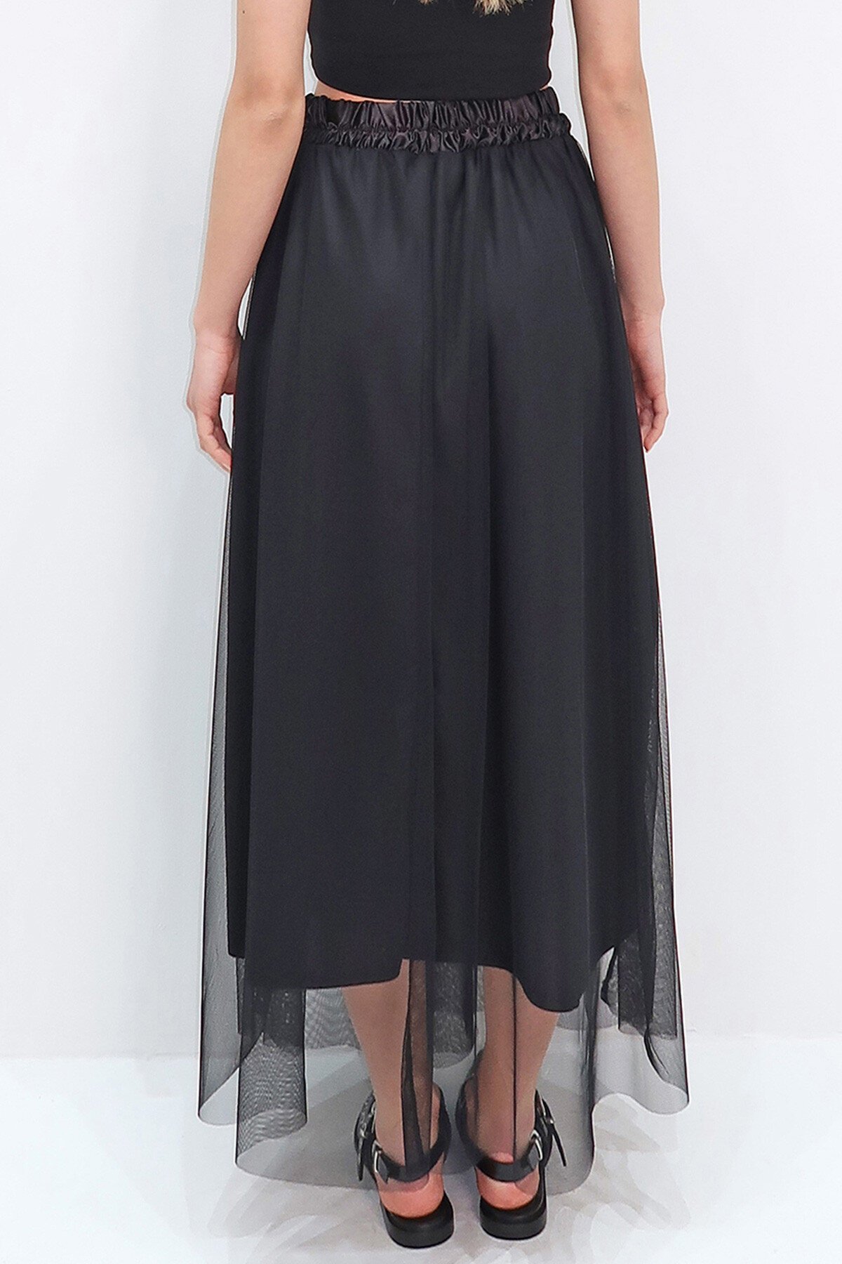 Siyah Beli Lastikli Kurdale Detaylı Astarlı Tül Etek