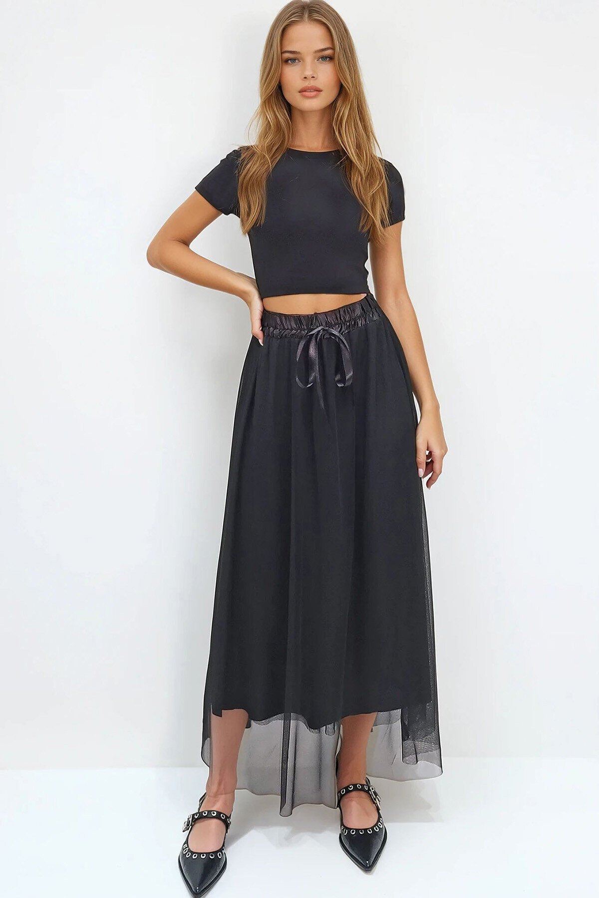 Siyah Beli Lastikli Kurdale Detaylı Astarlı Tül Etek