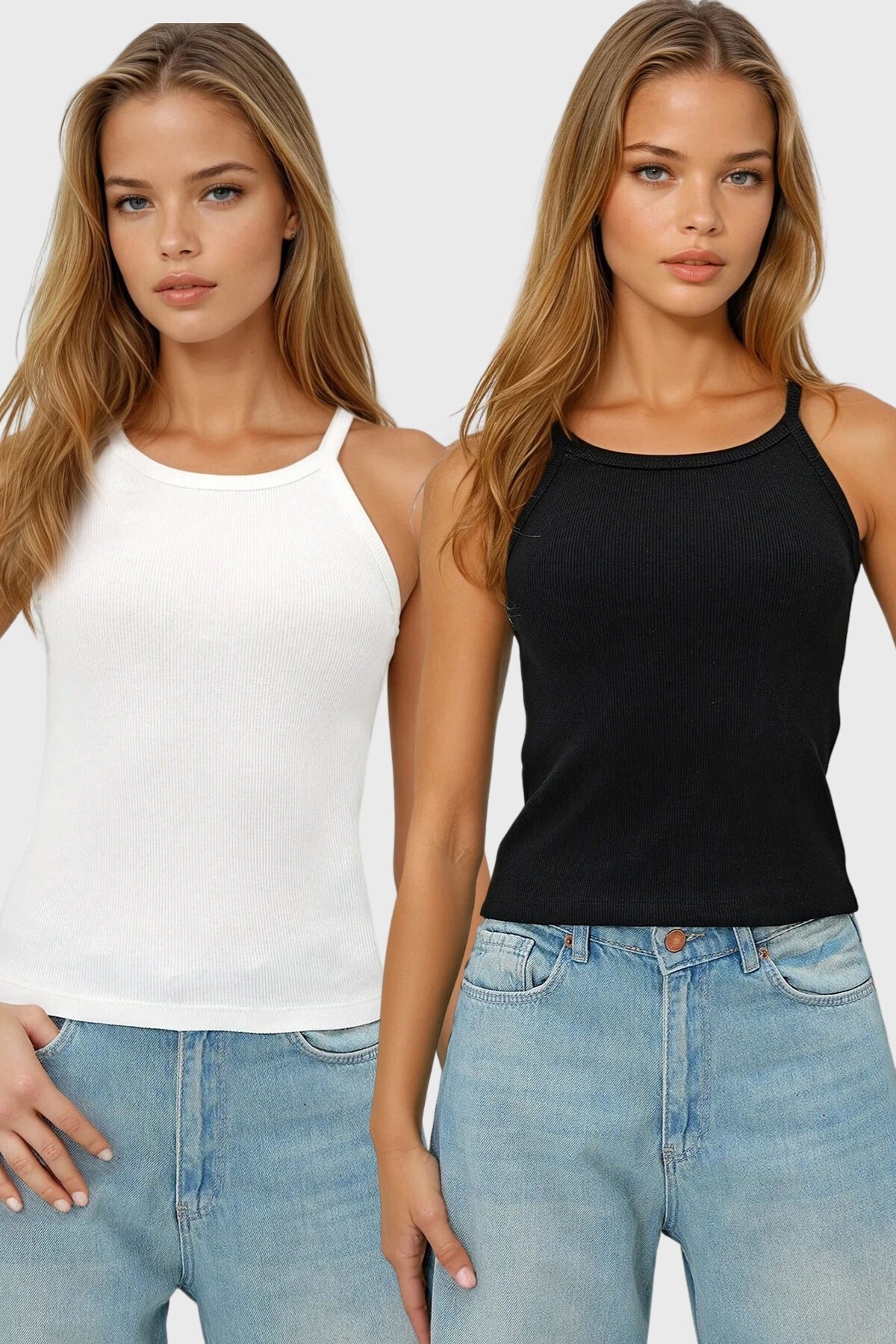 Siyah Beyaz 2Li Paket  İp Askılı Halter Yaka Kaşkorse Atlet