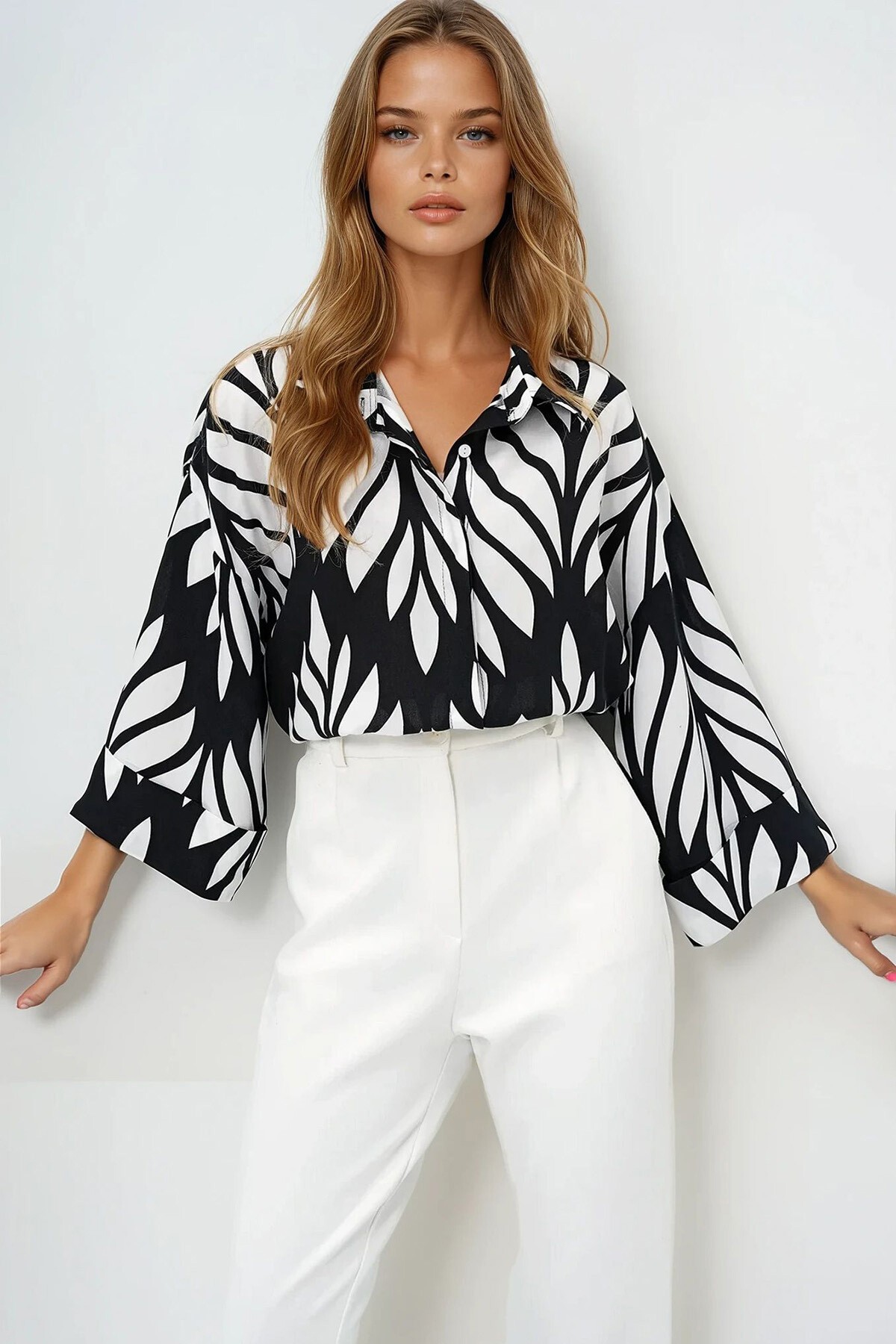 Siyah Beyaz Dijital Baskılı Oversize Double Kol Premium Dokuma Gömlek