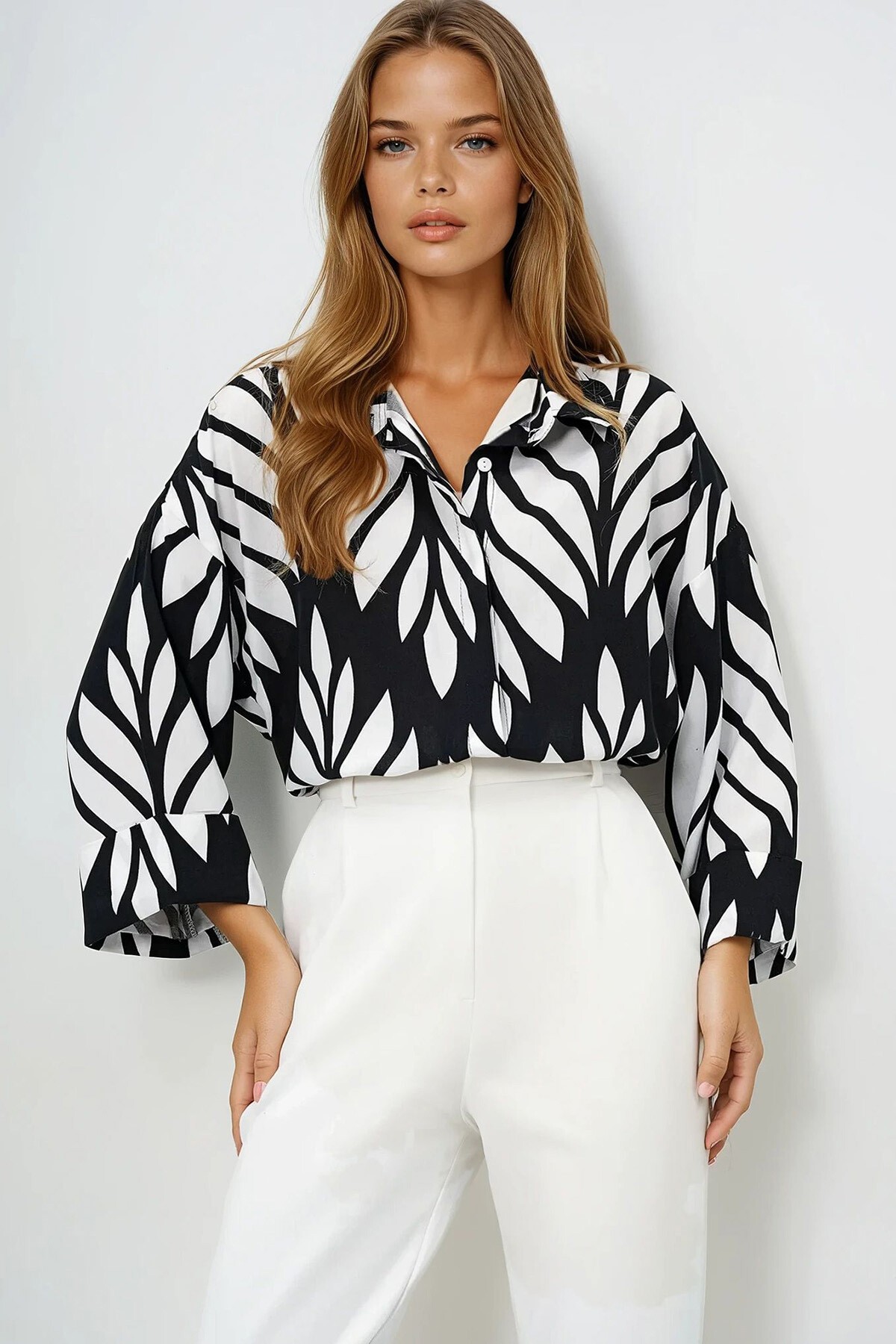 Siyah Beyaz Dijital Baskılı Oversize Double Kol Premium Dokuma Gömlek