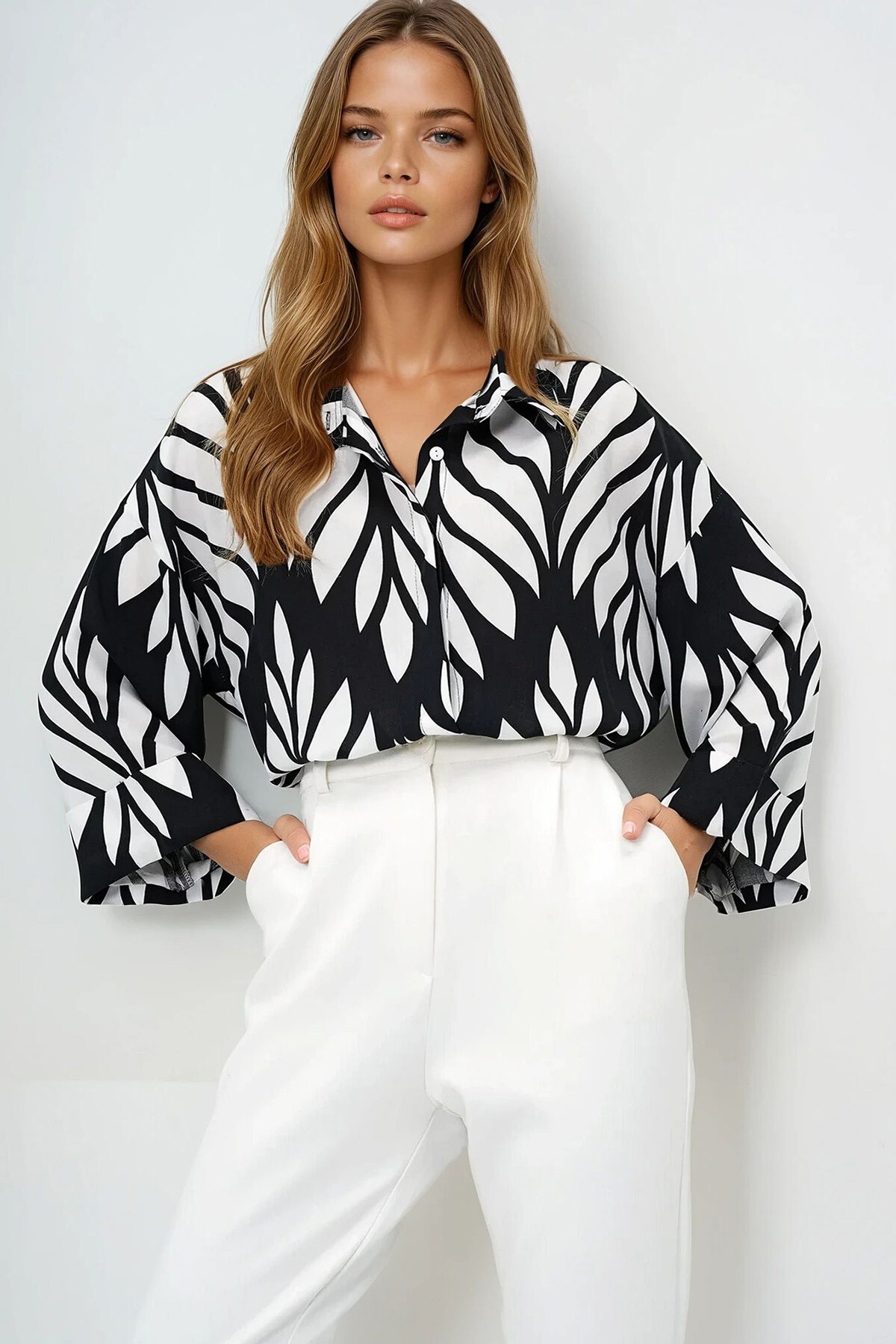 Siyah Beyaz Dijital Baskılı Oversize Double Kol Premium Dokuma Gömlek