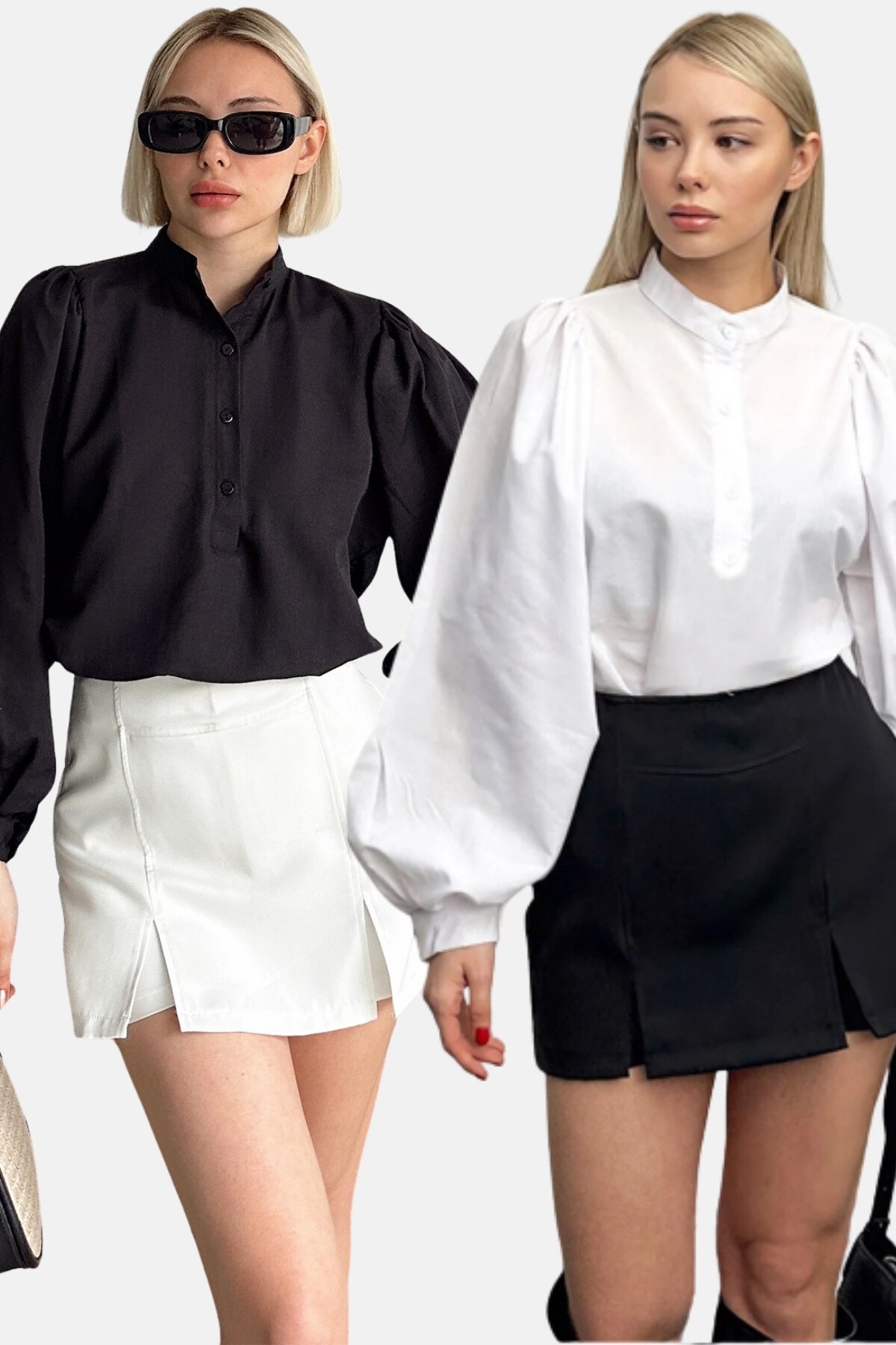 Siyah Beyaz Hakim Yaka Yarım Pat Balon Kol Poplin Dokuma 2Lİ Set Gömlek Takım