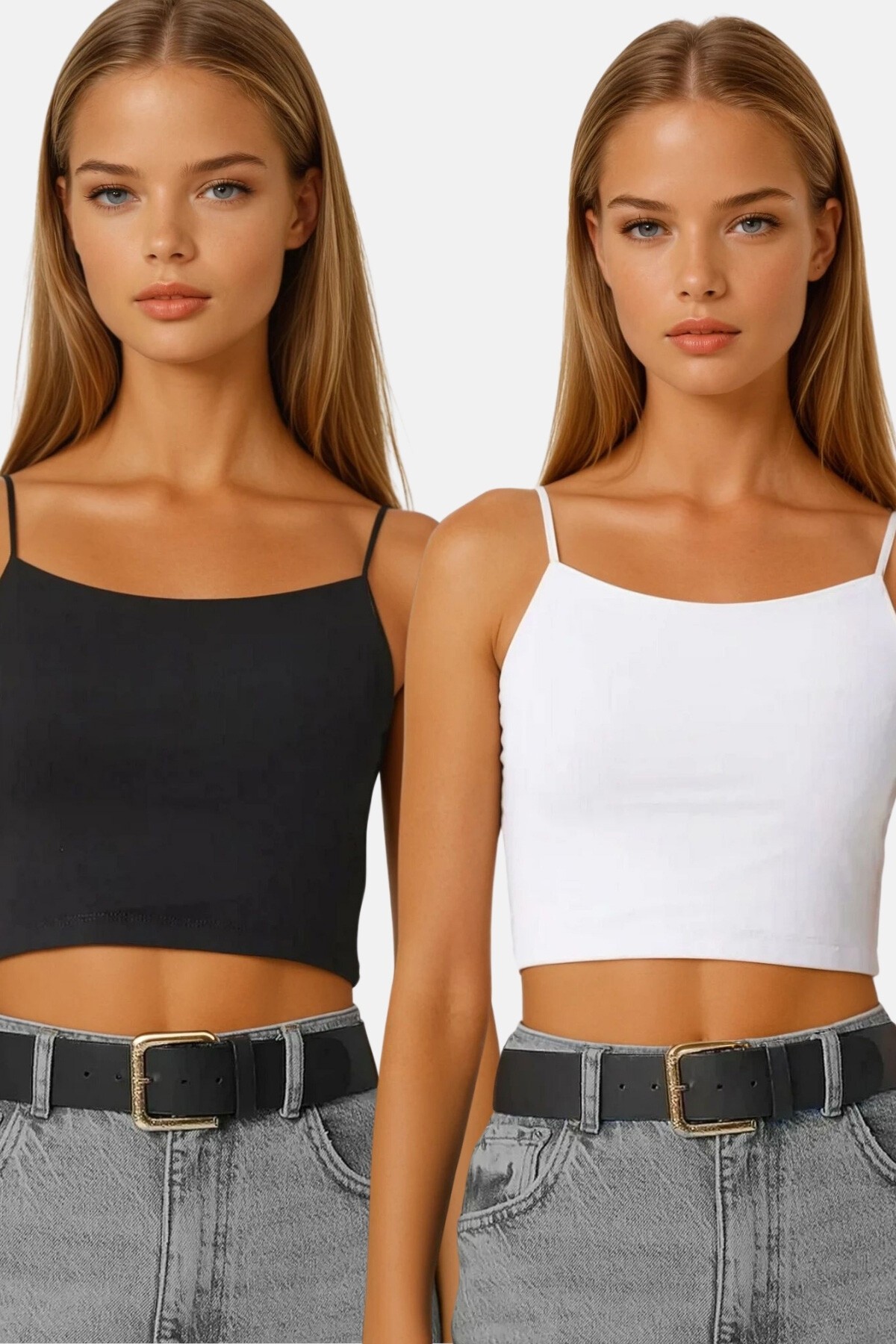 Siyah Beyaz İp Askılı Basic Crop Bluz 2Li Takım