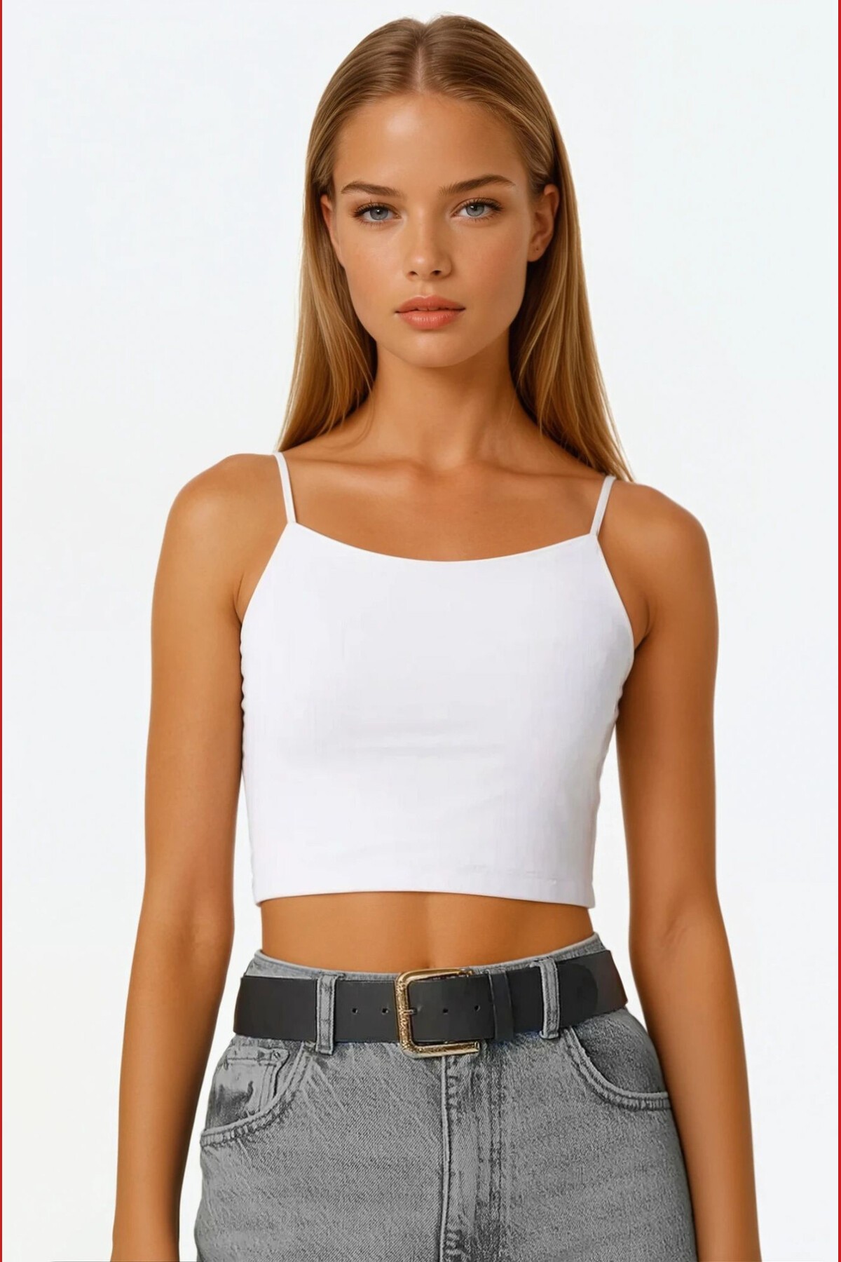 Siyah Beyaz İp Askılı Basic Crop Bluz 2Li Takım