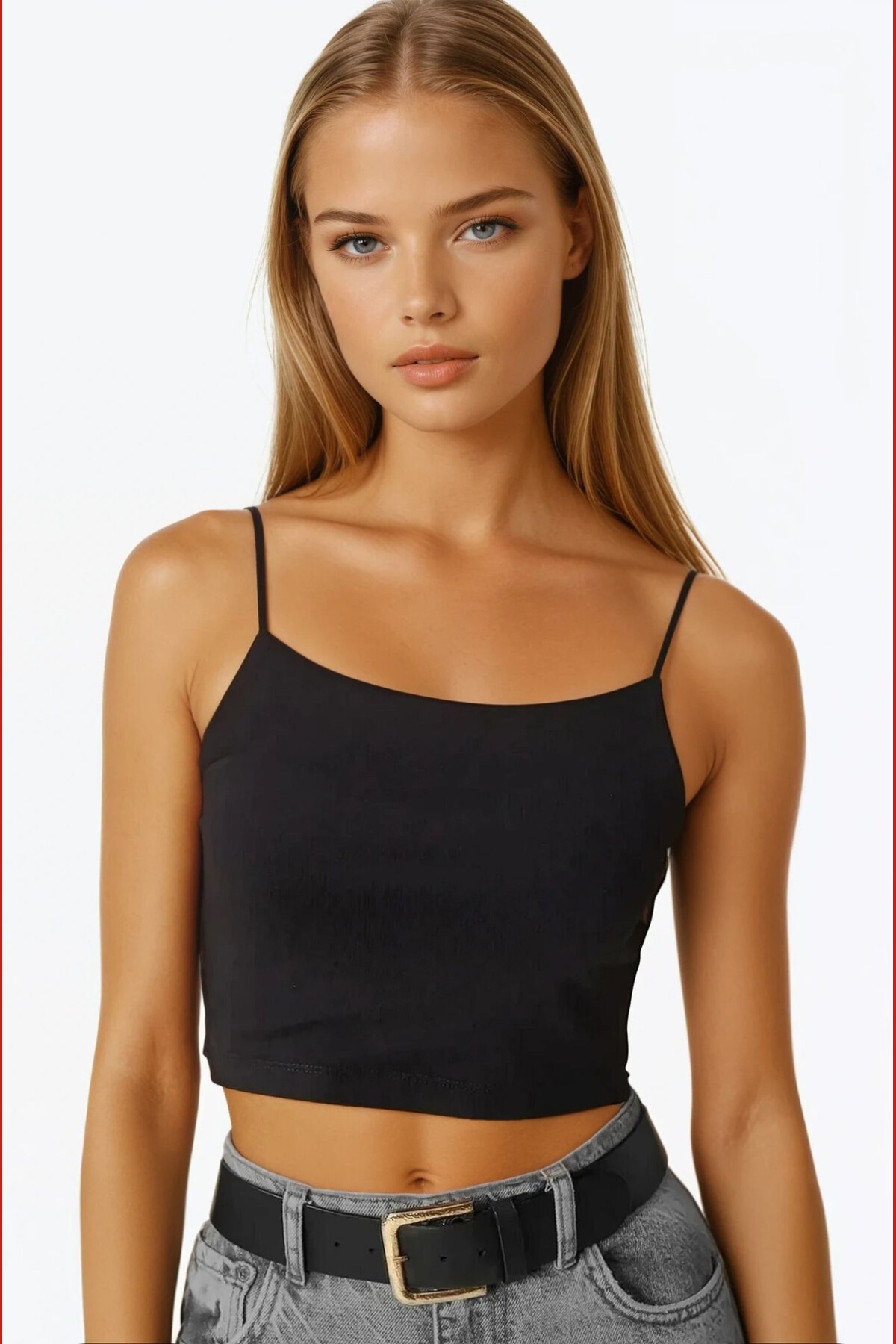 Siyah Beyaz İp Askılı Basic Crop Bluz 2Li Takım