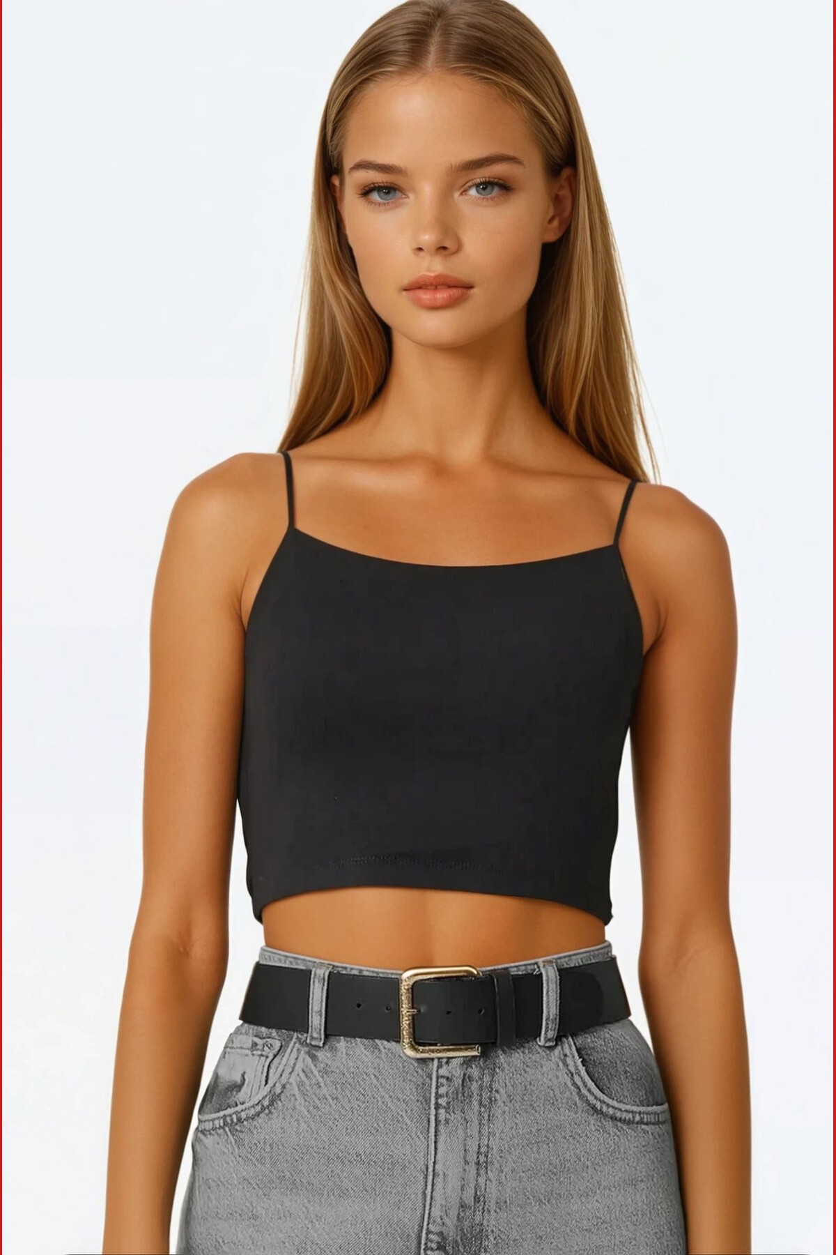 Siyah Beyaz İp Askılı Basic Crop Bluz 2Li Takım