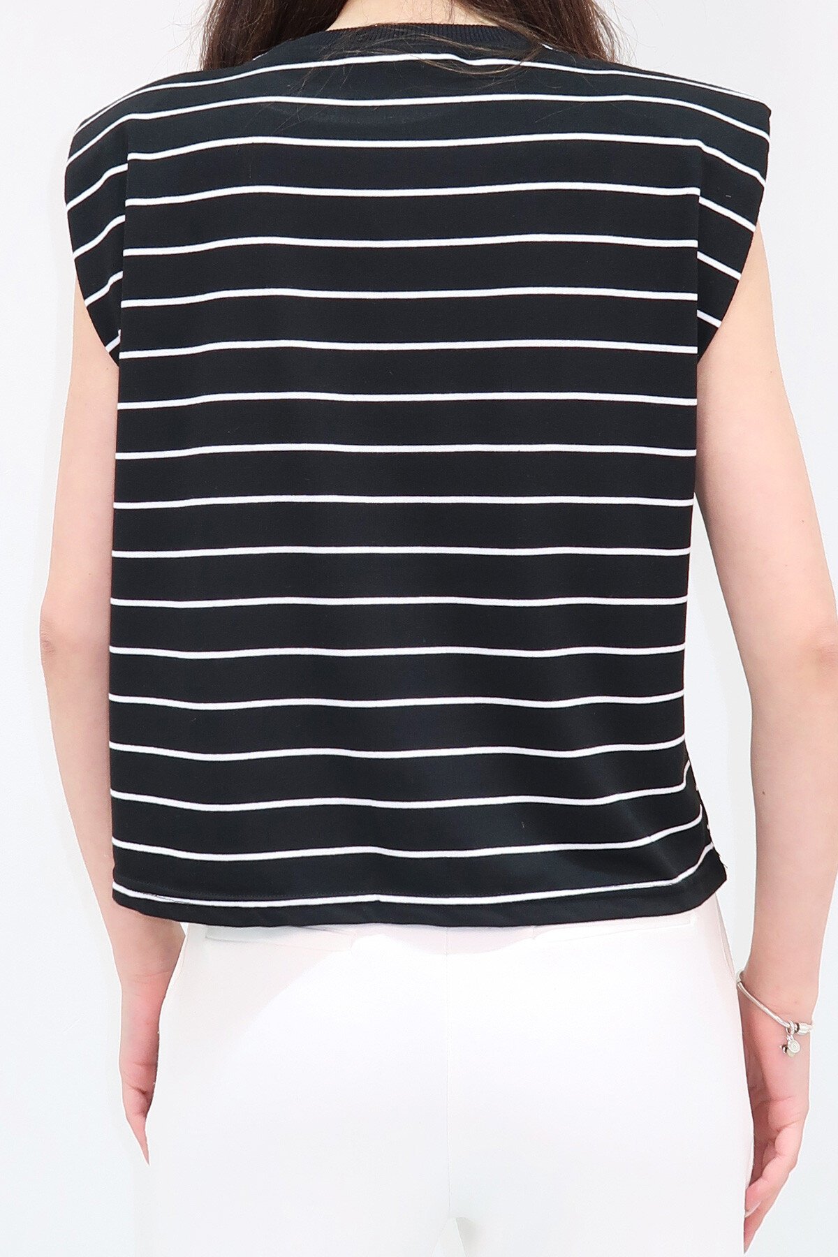 Siyah Bisiklet Ribana Yakalı Omuzları Vatkalı Çizgili T Shirt