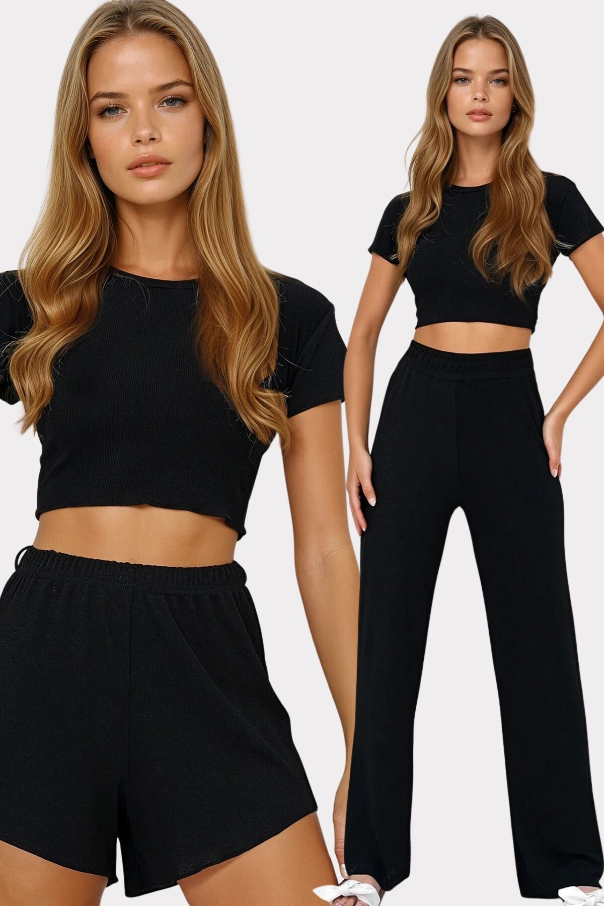 Siyah Bisiklet Yaka Crop Bluz, Şort Ve Pantolonlu 3 Lü Set Pijama Takımı