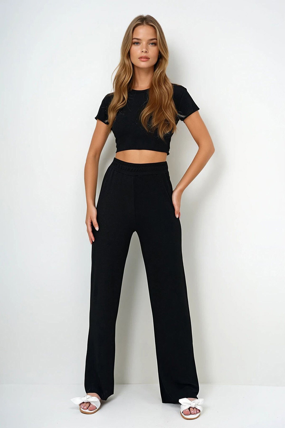 Siyah Bisiklet Yaka Crop Bluz, Şort Ve Pantolonlu 3 Lü Set Pijama Takımı