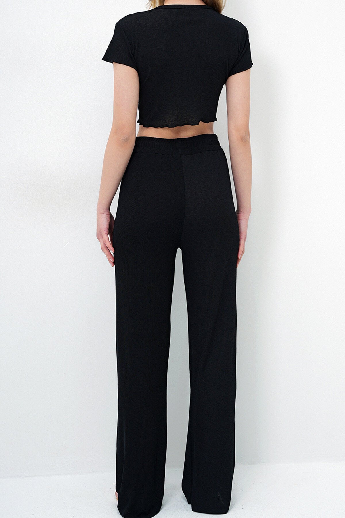 Siyah Bisiklet Yaka Crop Bluz, Şort Ve Pantolonlu 3 Lü Set Pijama Takımı