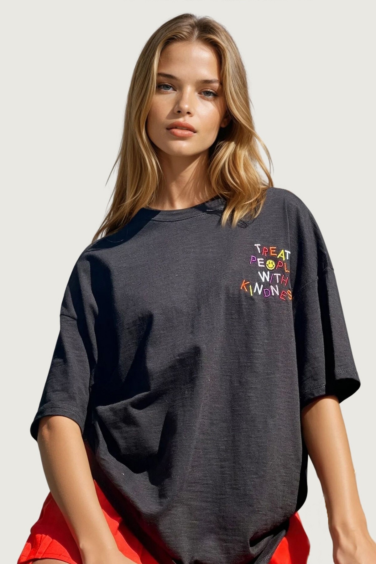 Siyah Bisiklet Yaka Emoji Nakışlı Oversize Unisex T Shirt
