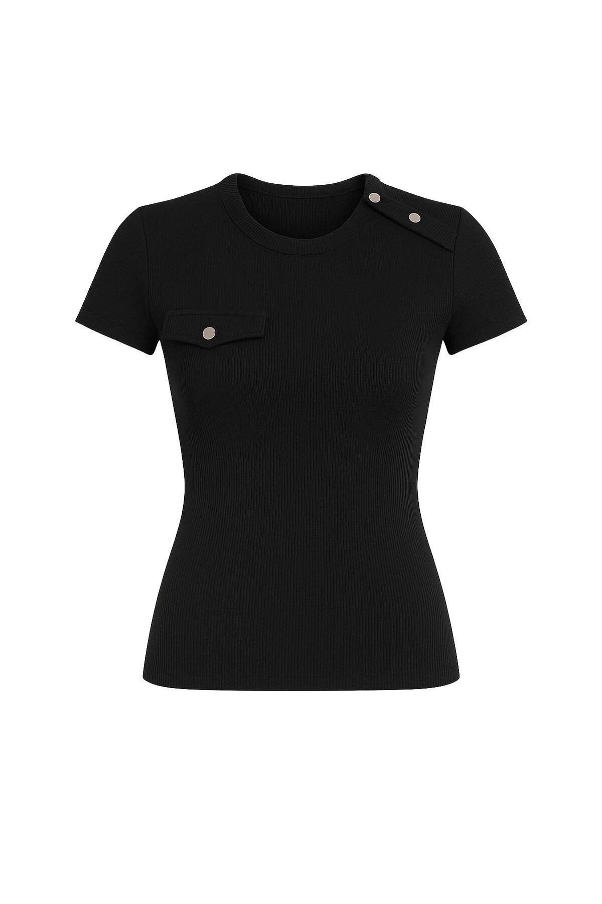 Siyah Bisiklet Yaka Gold Düğmeli Örme Bluz