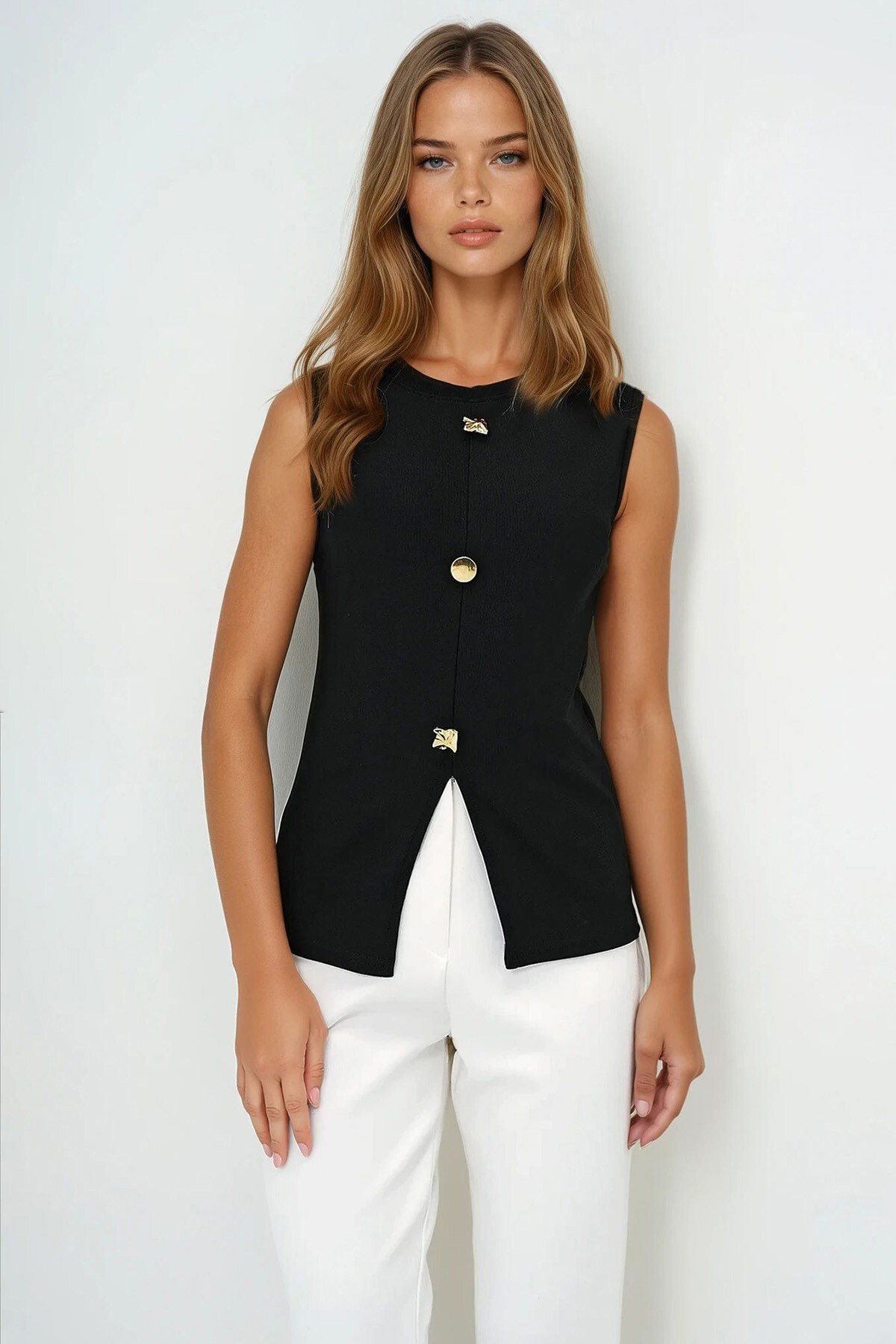 Siyah Bisiklet Yaka Gold Düğmeli Ottoban Bluz