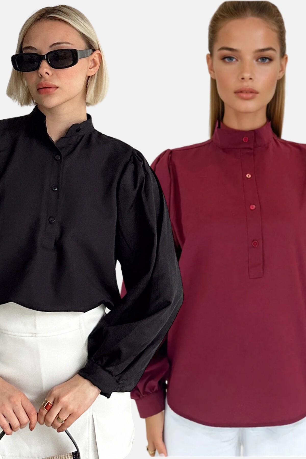 Siyah Bordo Hakim Yaka Yarım Pat Balon Kol Poplin Dokuma 2Lİ Set Gömlek Takım