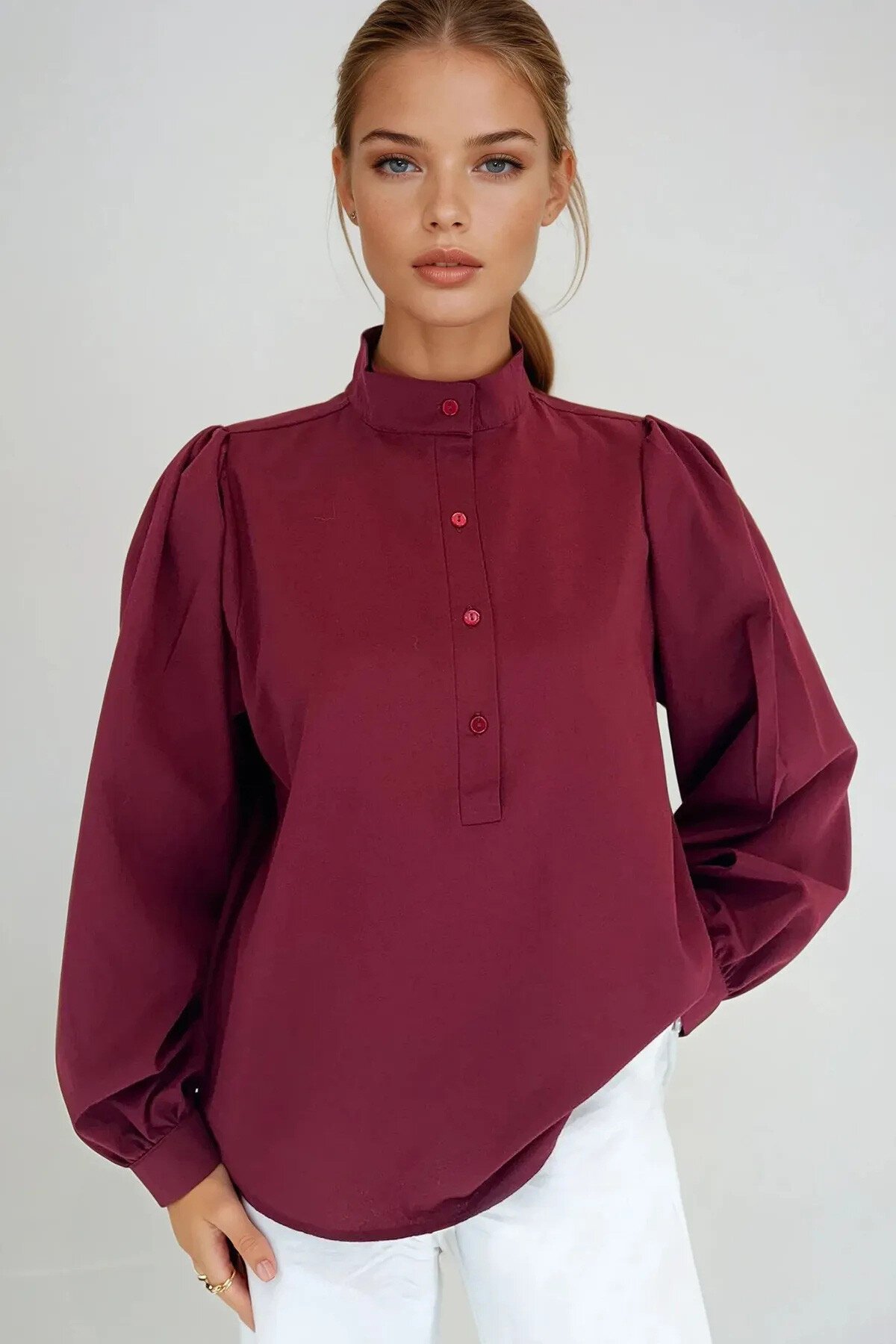 Siyah Bordo Hakim Yaka Yarım Pat Balon Kol Poplin Dokuma 2Lİ Set Gömlek Takım